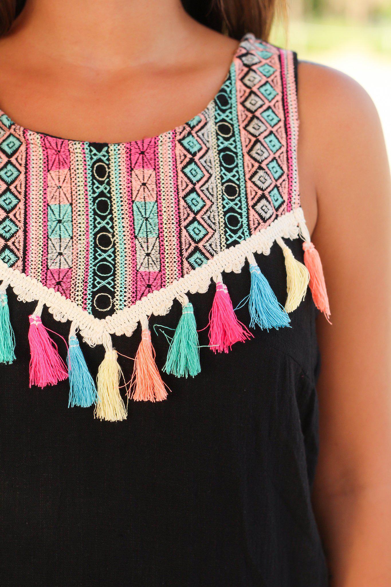 Stylish Black Short Dress Featuring Tassel Details and Colorful Prints