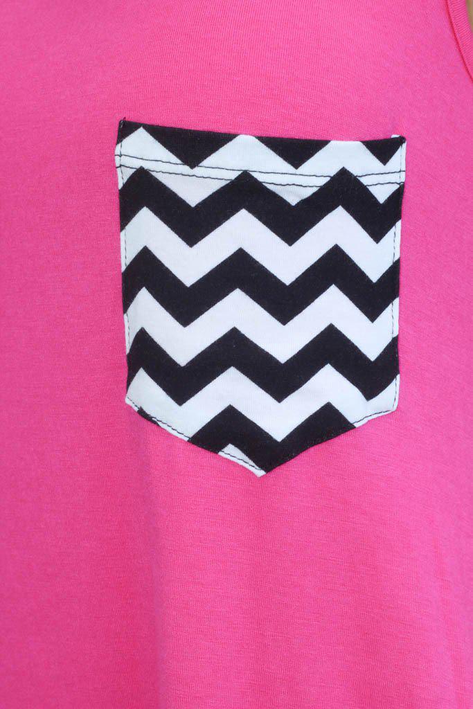 Stylish Hot Pink Women's Tunic Top Featuring a Chevron - Designed Pocket