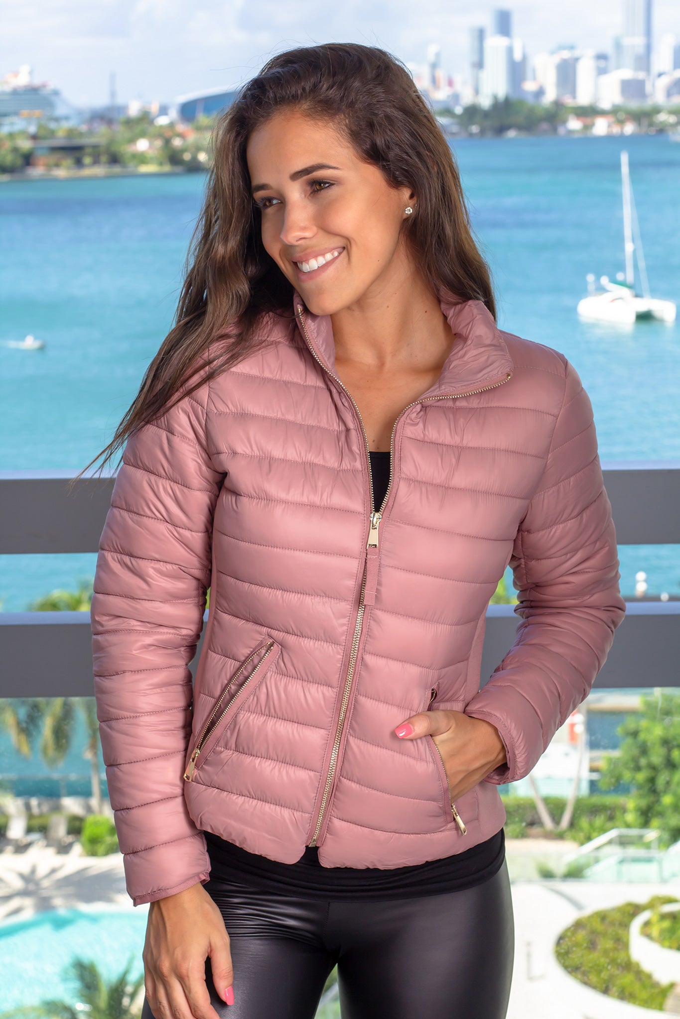 Adorable Long - Sleeved Mauve Puffer Jacket for Cozy Winter