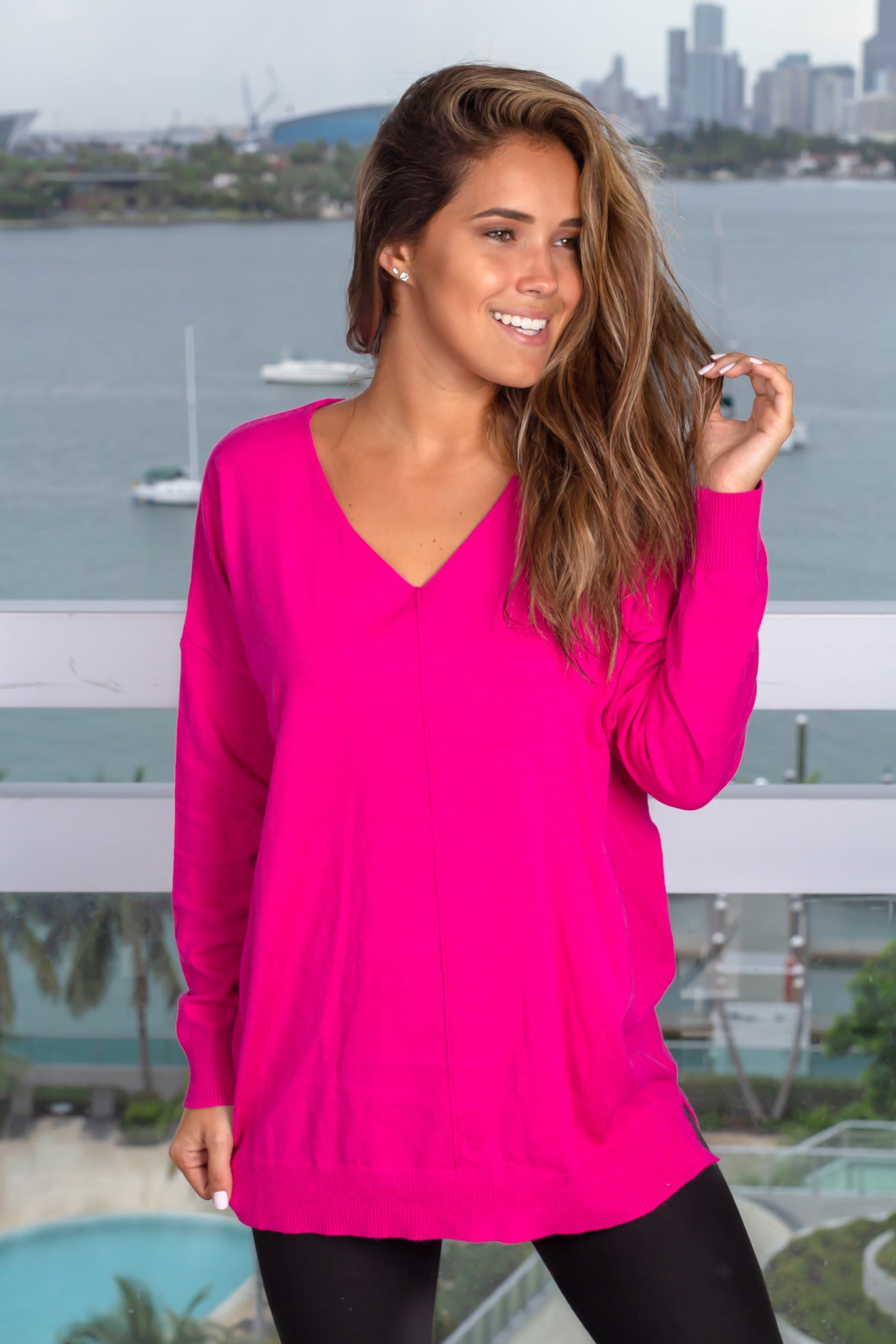 Stylish Hot Pink Loose-Fit V-Neck Long-Sleeve Sweater for Winter