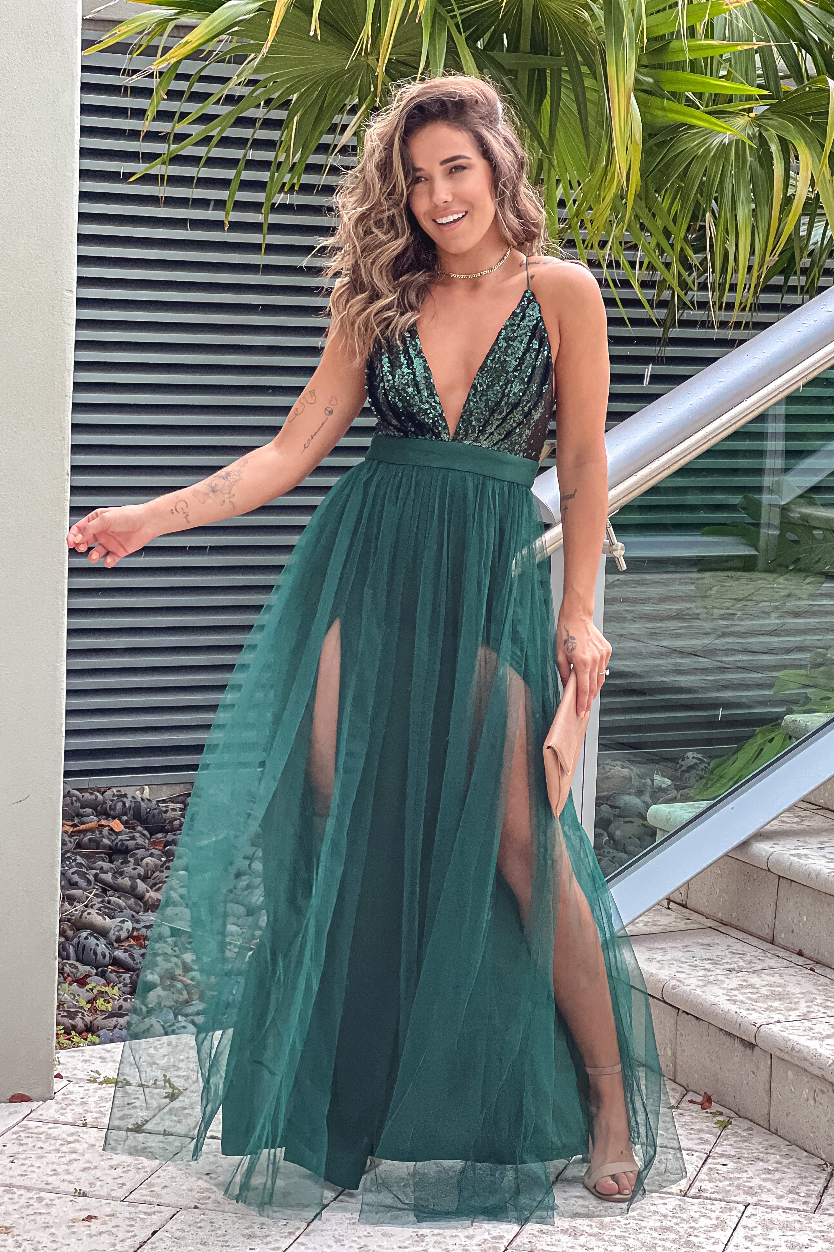 Stunning Hunter Green Sequin Top Tulle Maxi Dress with Criss Cross Back