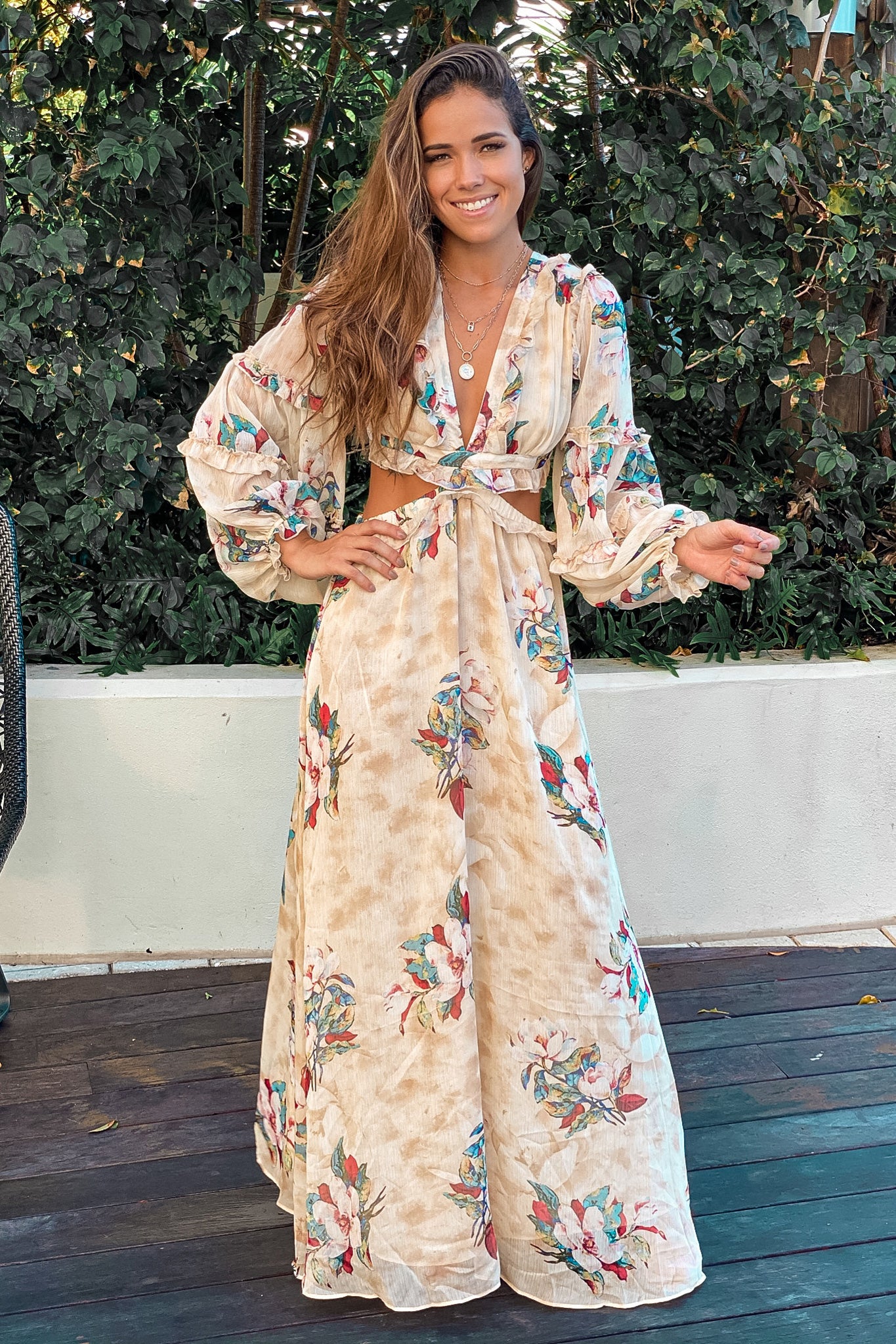 Stylish Cream Floral Print Ruffled Maxi Dress for Women