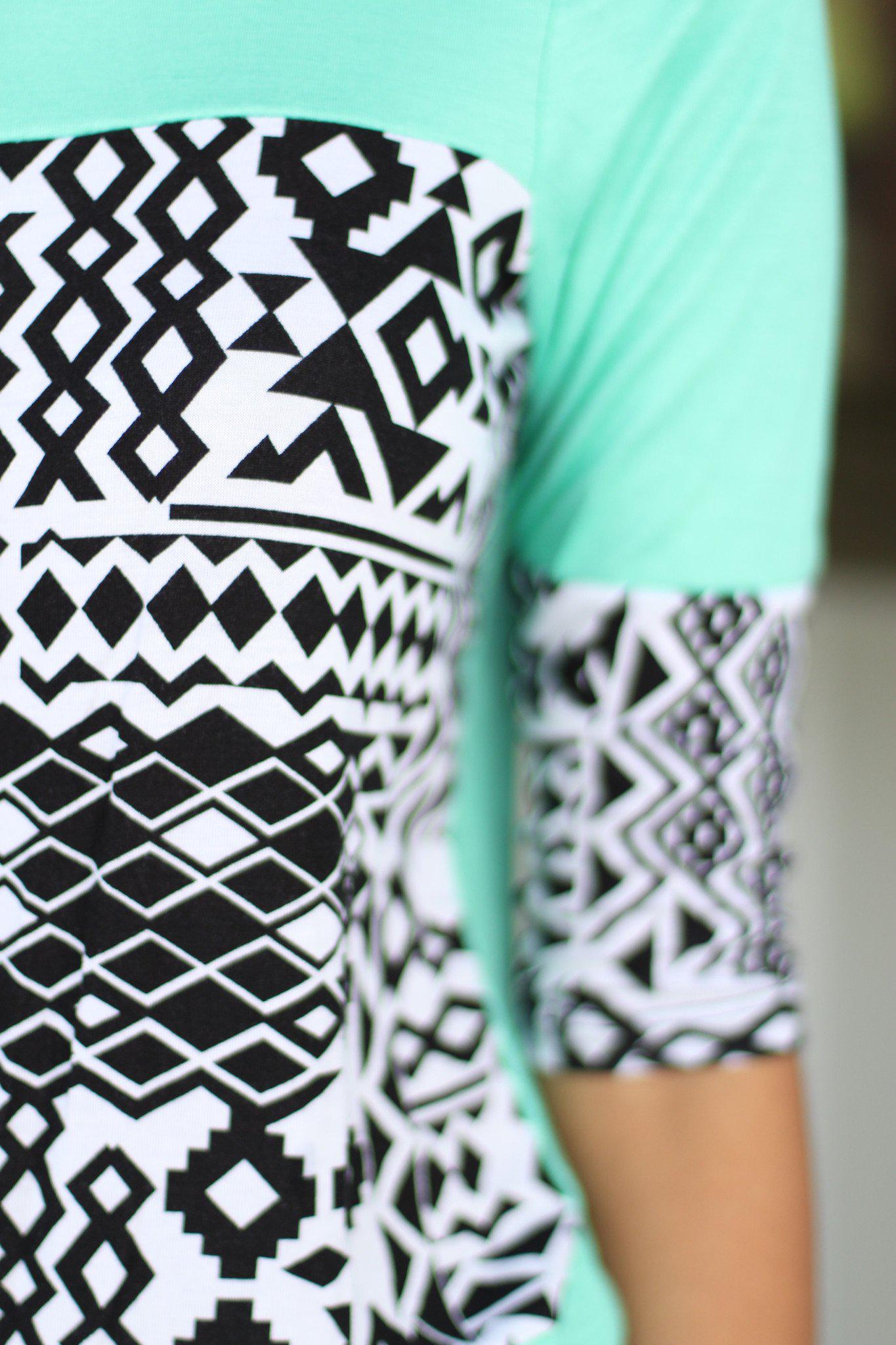 Stunning Mint Aztec Print Top with Adorable Sleeve Details