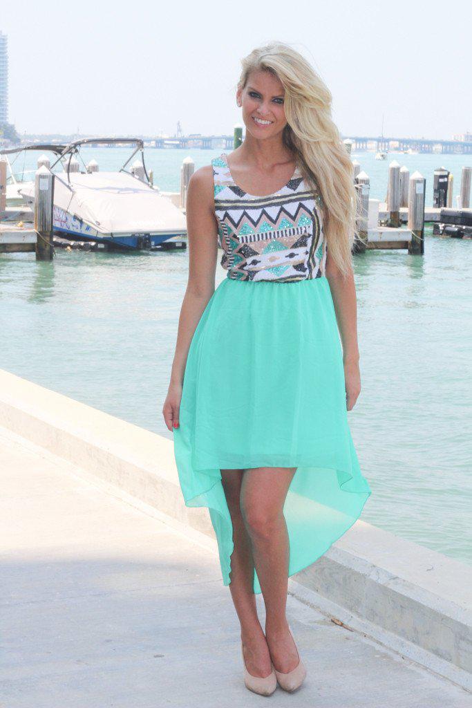Stunning Mint Sequin Top High - Low Flowy Dress