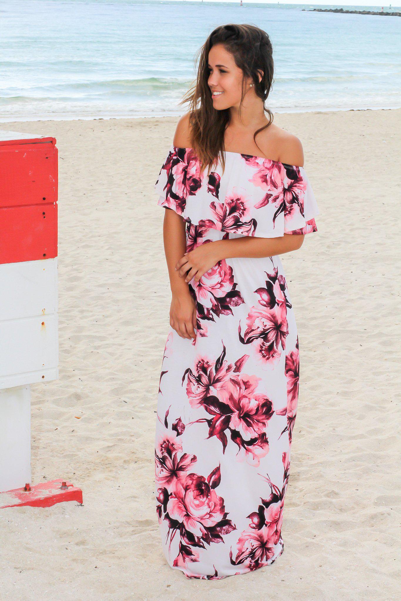 Stunning Ivory and Red Floral Off - Shoulder Long Maxi Dress