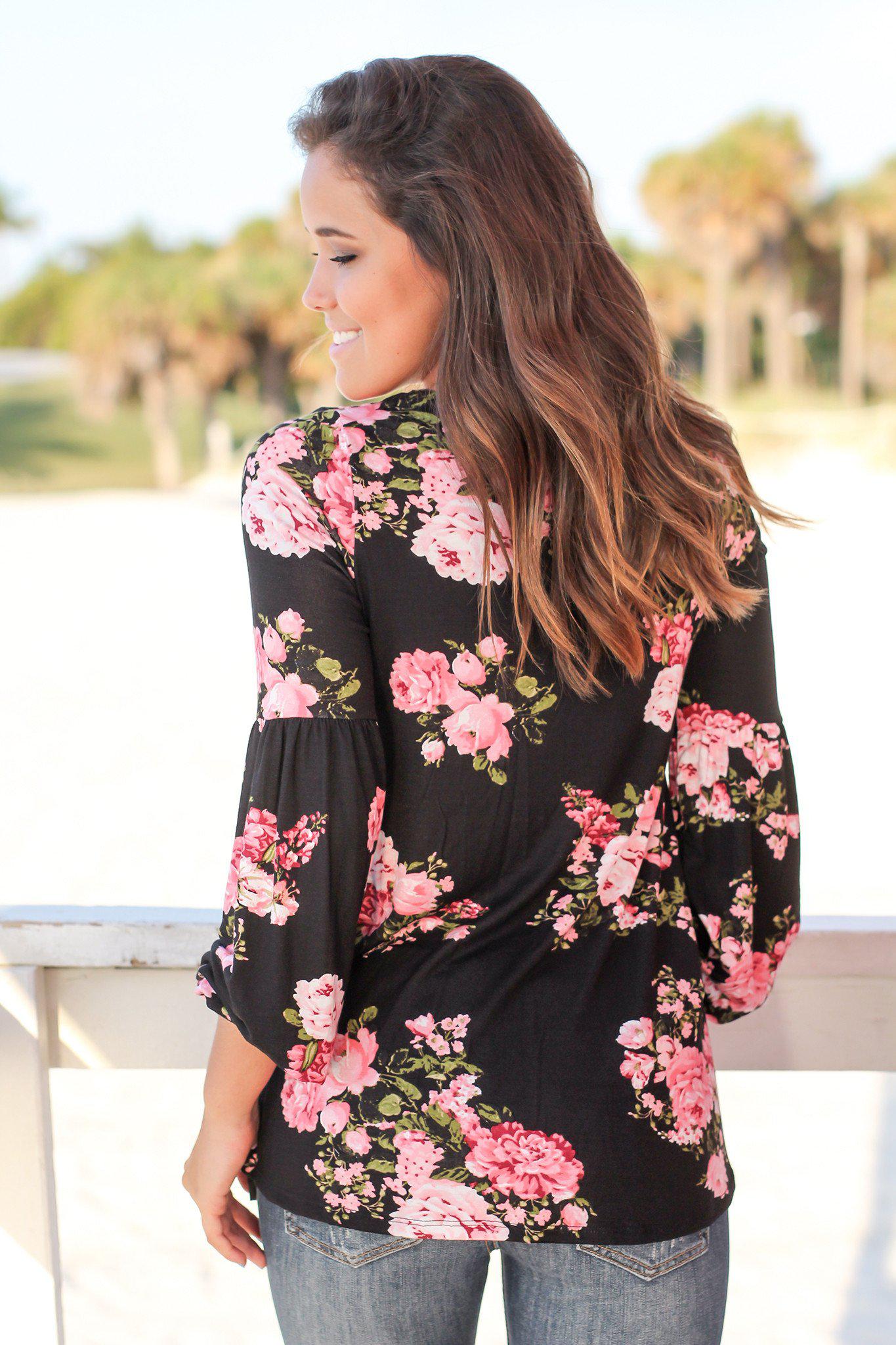 Stylish Women's Black Floral Criss Cross Long Sleeve Fashion Top