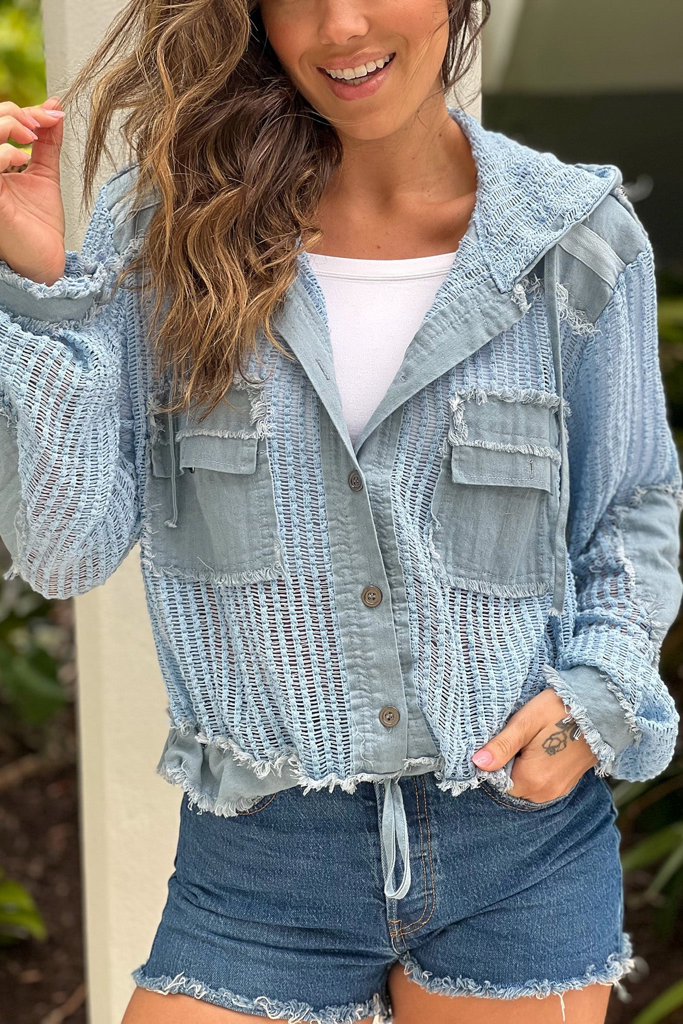 Stylish Blue Cotton Open Knit Button-Down Hooded Shirt Top with Elbow Patches