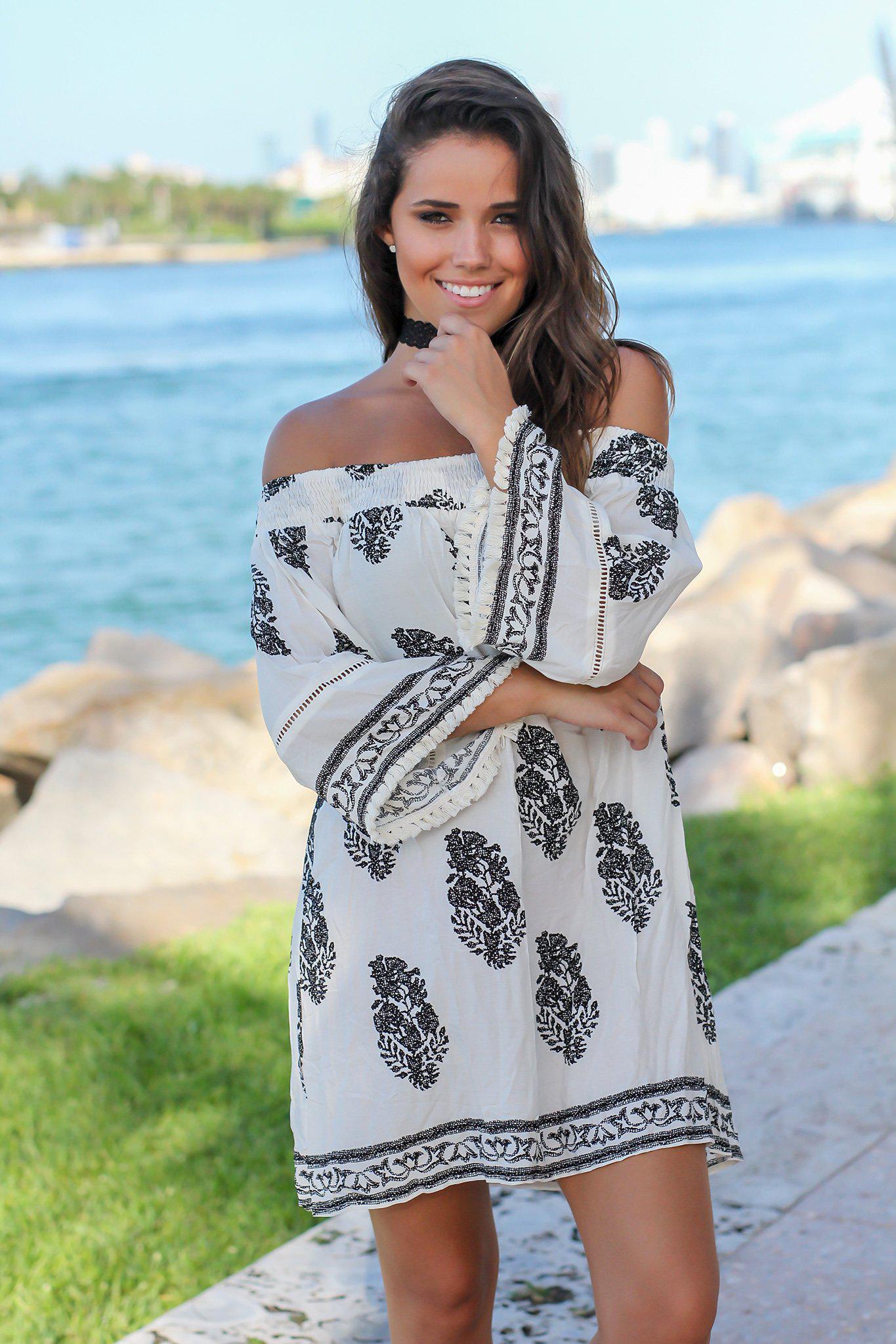 Stylish Ivory and Black Printed Off - Shoulder Short Dress for a Comfy Look