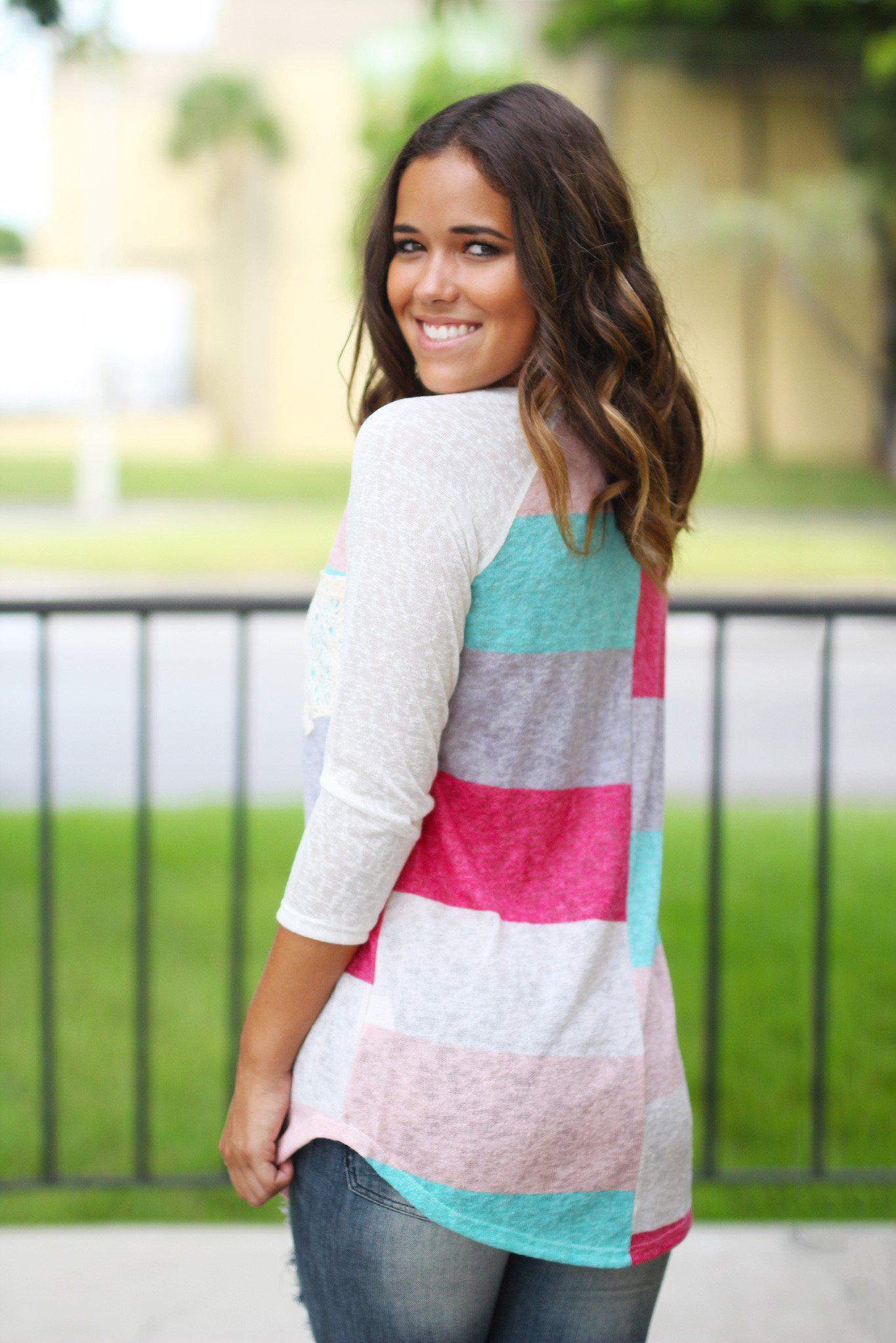 Stylish Coral and Mint Colored Women's Crochet Pocketed Top