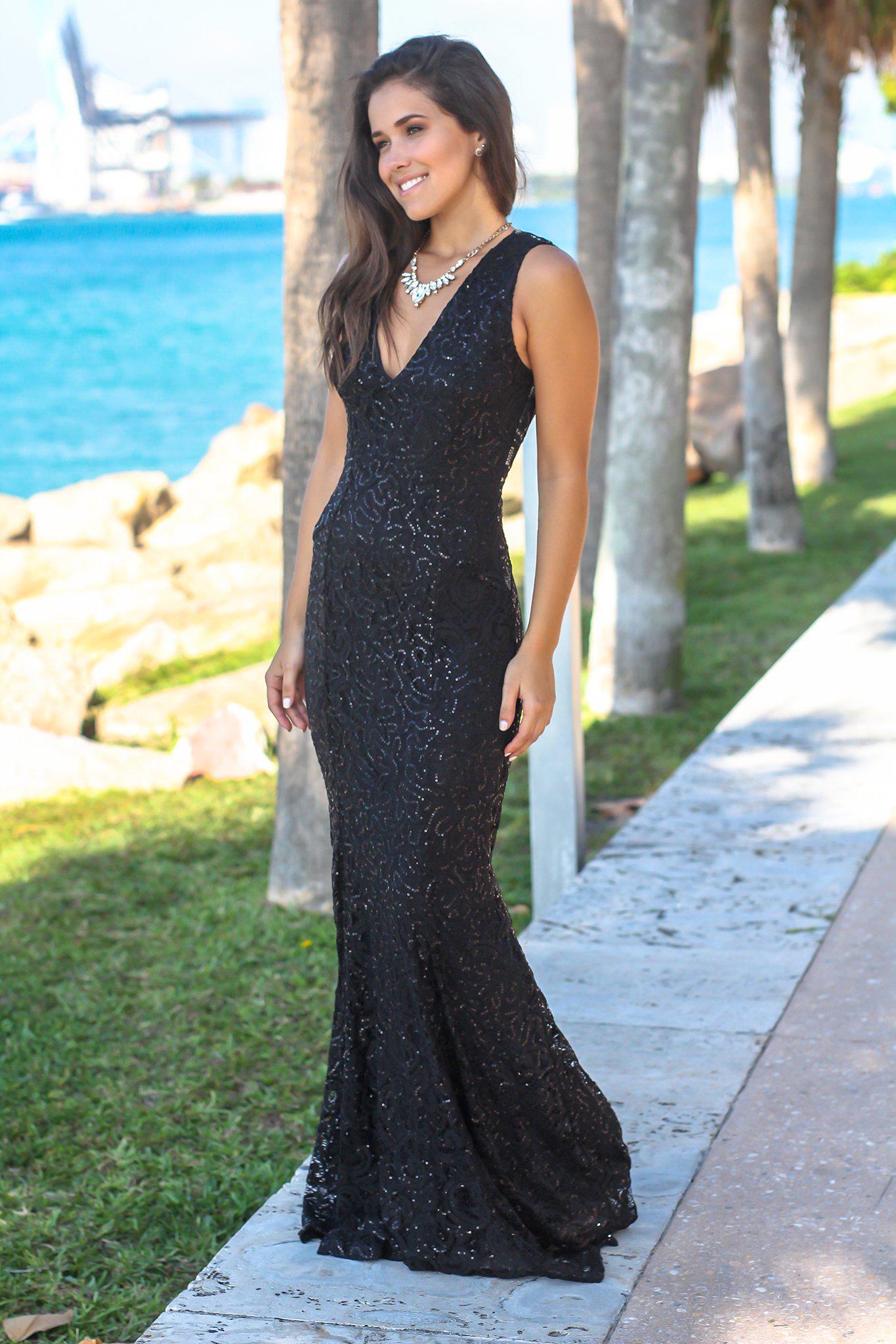 Stunning Black Sparkly Sequin V-Neck Mermaid Maxi Formal Dress