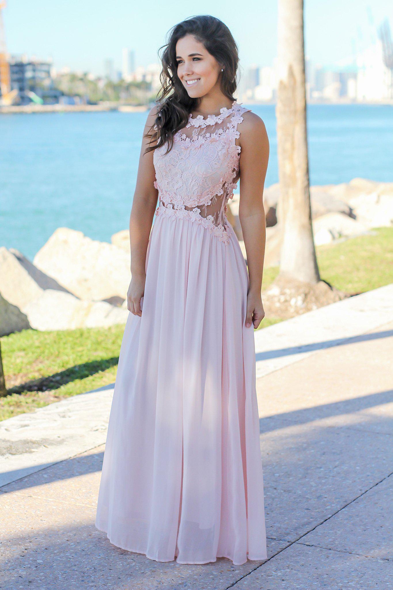 Elegant Blush-Colored Lace Top Long Maxi Dress with Tulle Back for Special Occasions