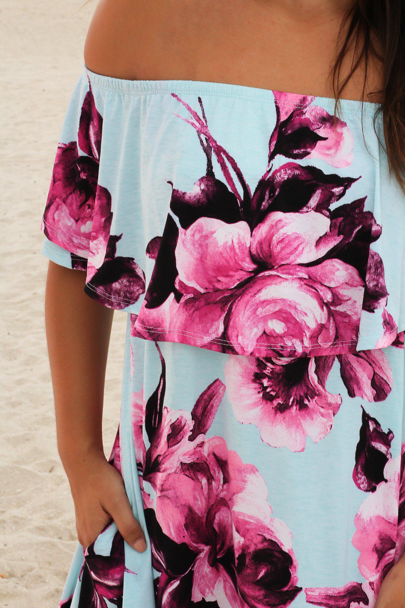 Stylish Mint and Lavender Floral Off-the-Shoulder Short Women's Dress