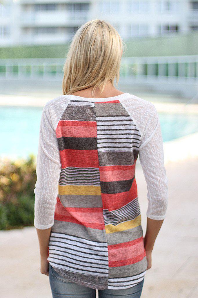Stylish Coral and Yellow Striped Top with Cute Crochet Pocket