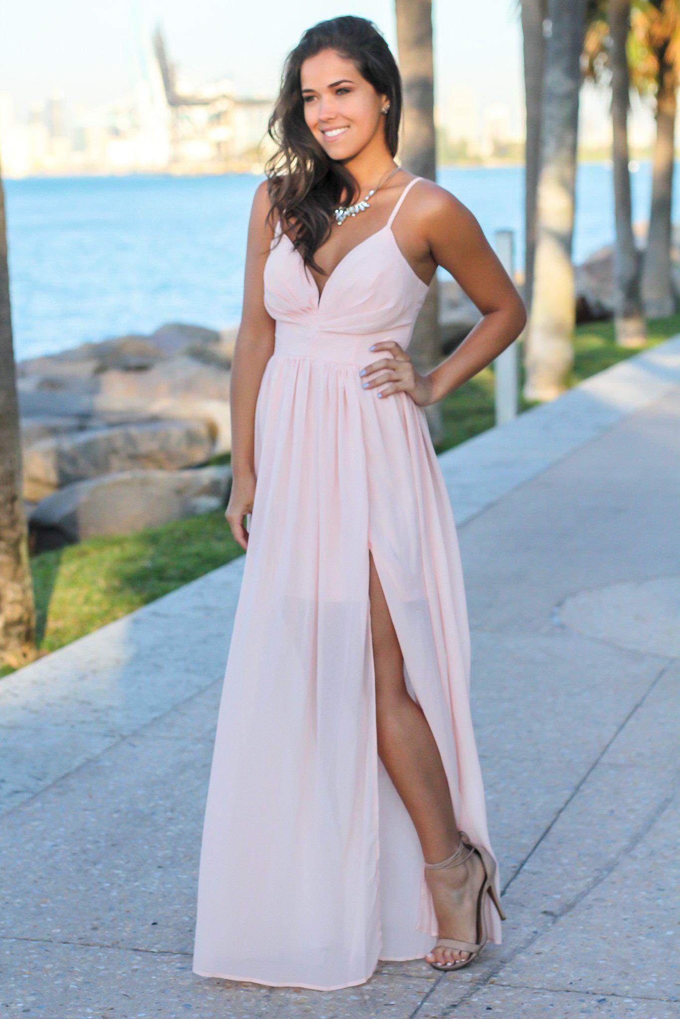 Gorgeous Blush Sleeveless Maxi Dress with Pleated Top and Lace-Up Back