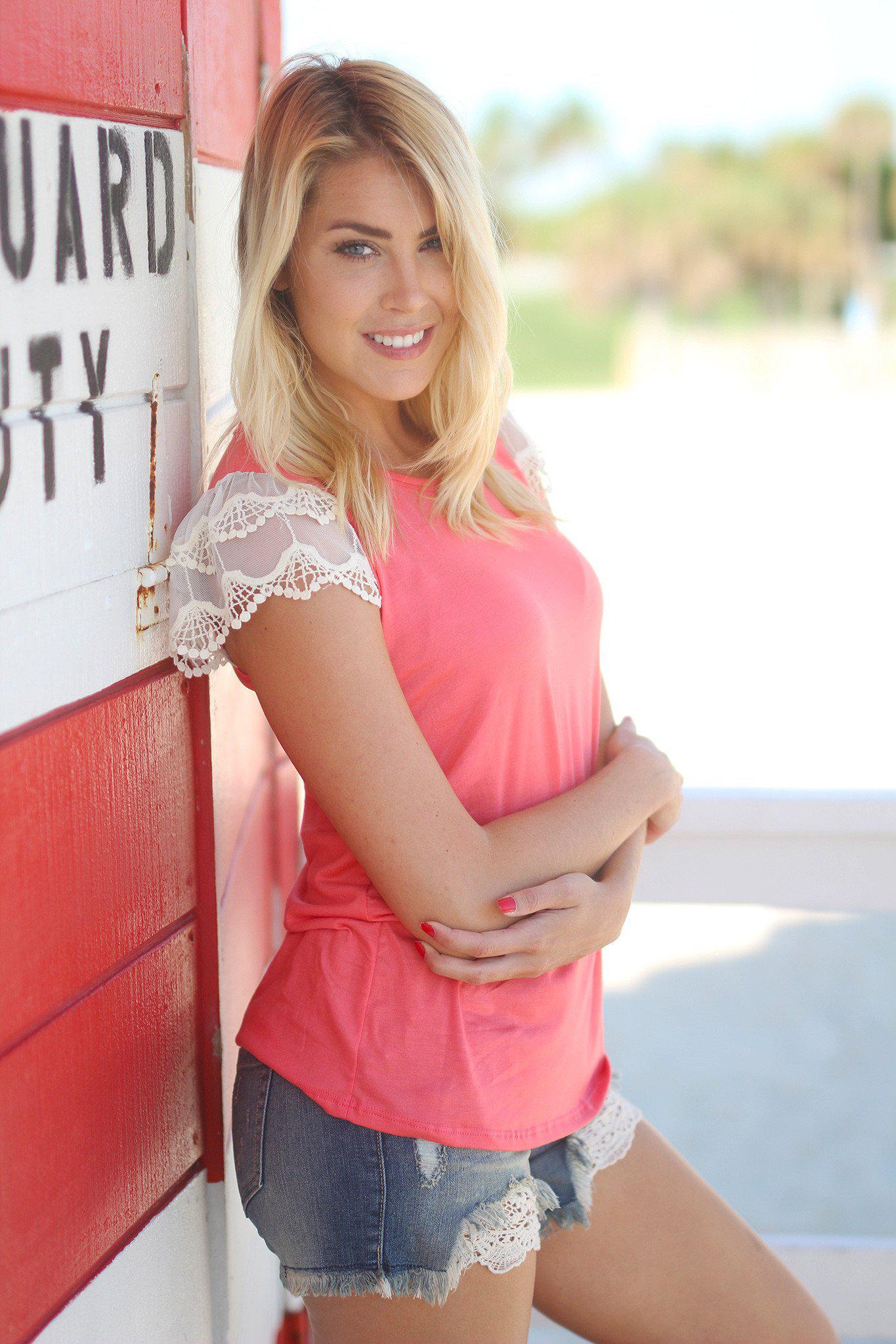 Charming Coral Top Featuring Delicate Lace Short Sleeves