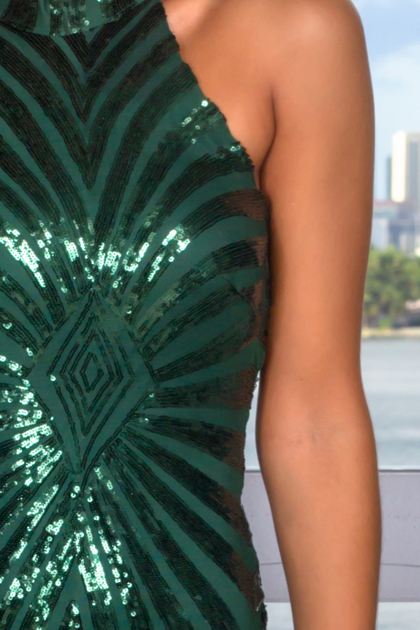 Gorgeous Hunter Green Sequined Short Halter Dress for a Stunning Look