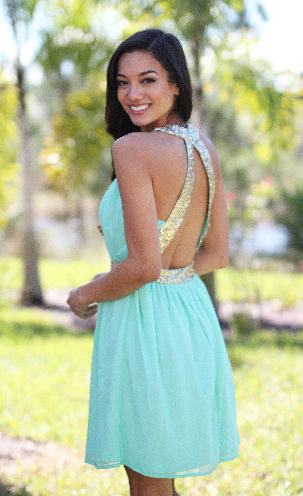 Stunning Mint and Shimmering Gold Sequin Evening Dress