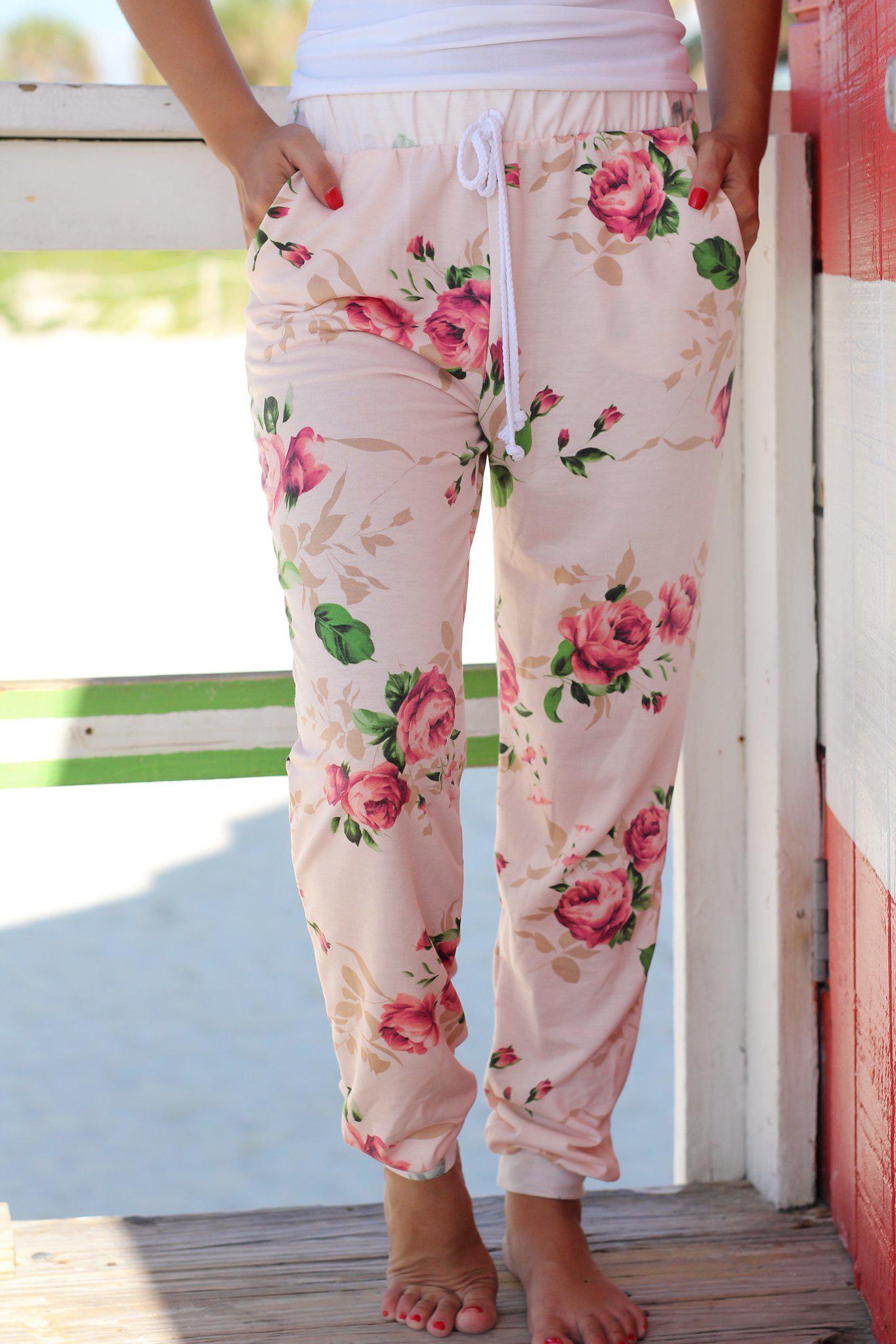 Stylish Blush Floral Elastic-Waist Drawstring Casual Pants