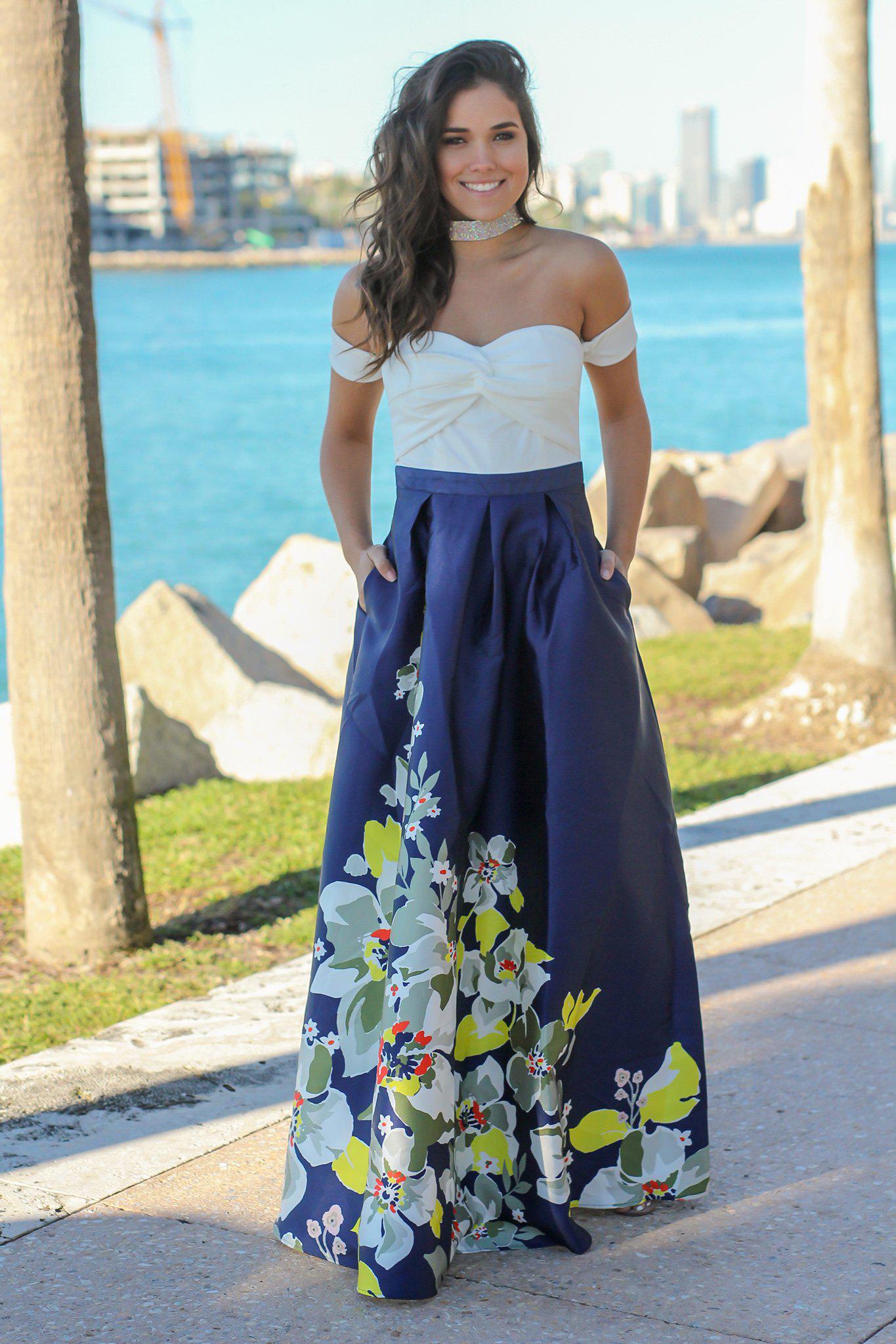 Elegant Ivory and Navy Floral Off - Shoulder Long Maxi Dress for Special Occasions