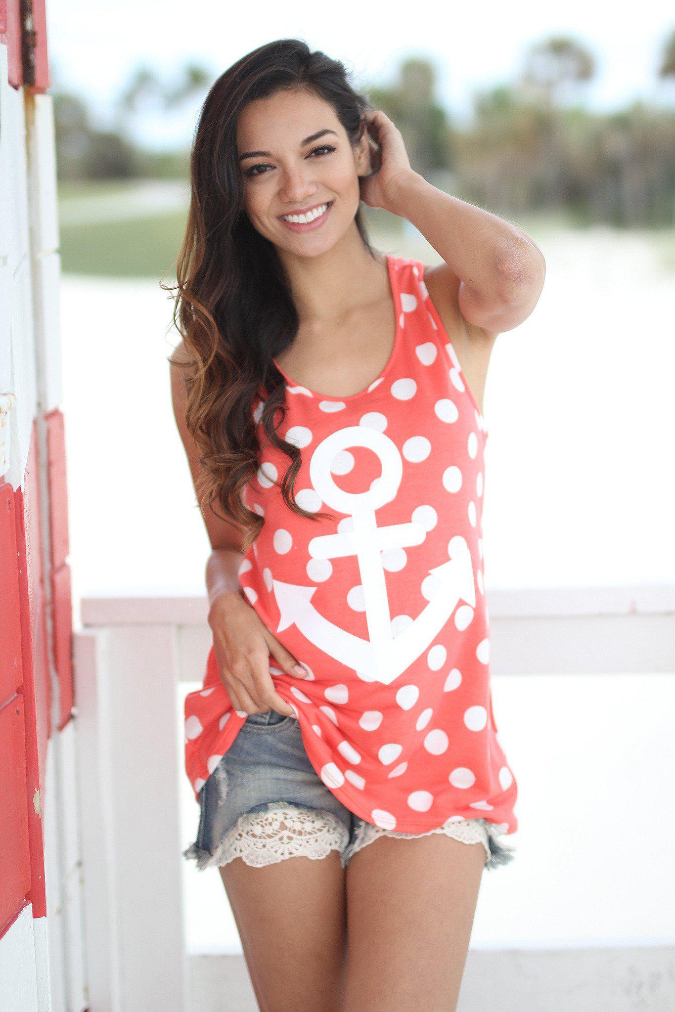 Adorable Coral and White Polka Dot Anchor Print Women's Tank Top