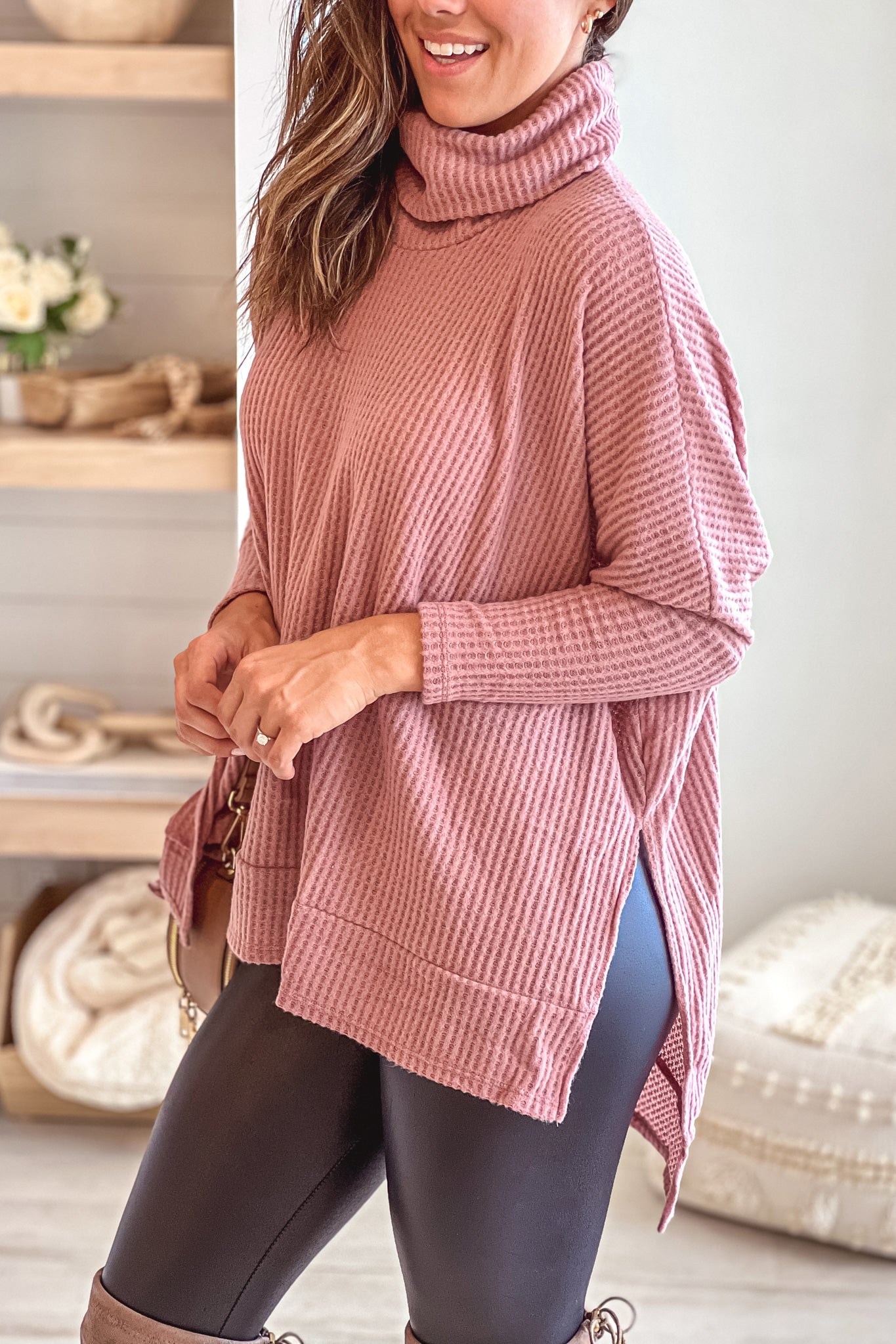 Comfortable Oversized Mauve Long - Sleeve Turtle Neck Top