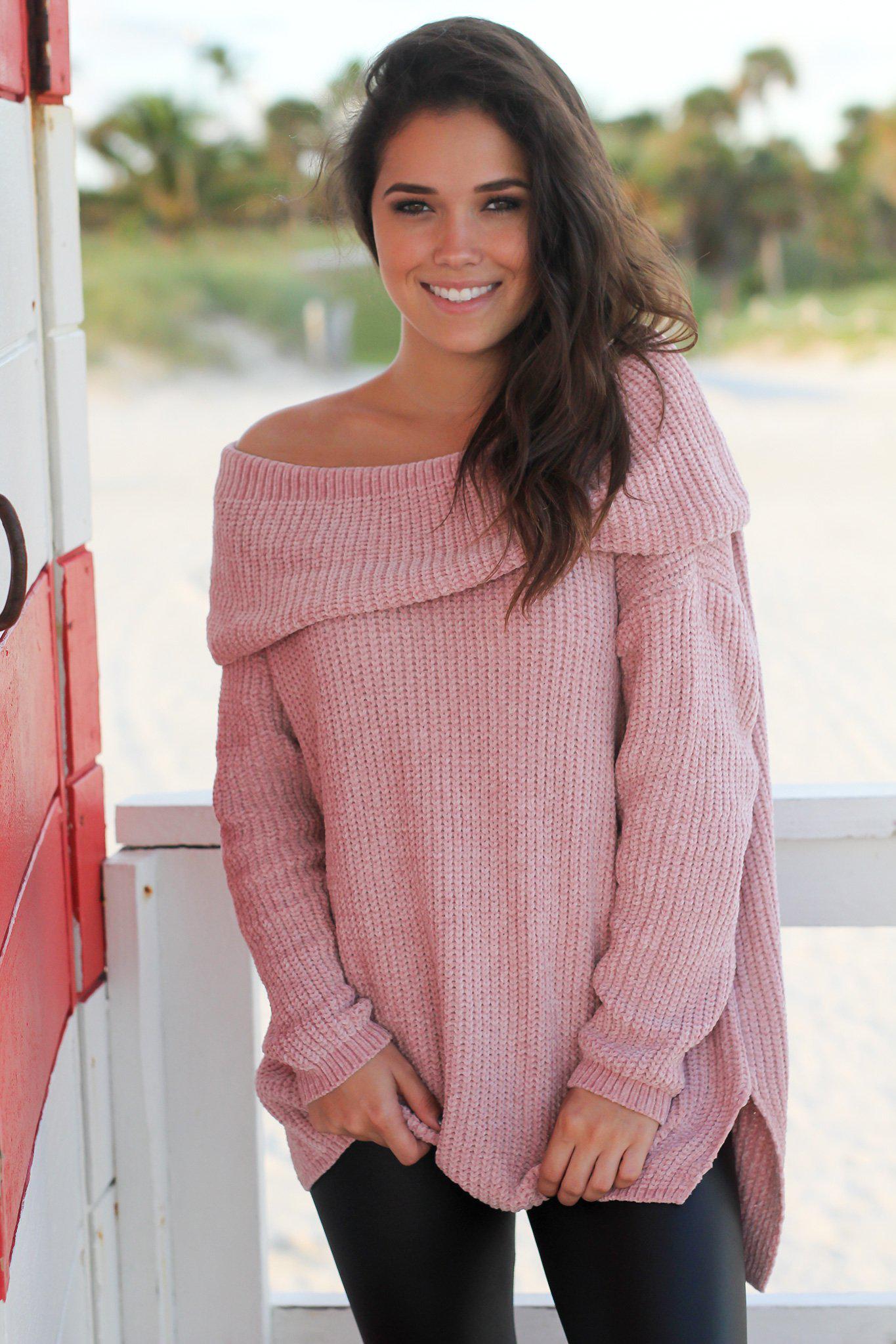 Chic Mauve Oversized Off-Shoulder Knitted Cotton-Polyester Sweater