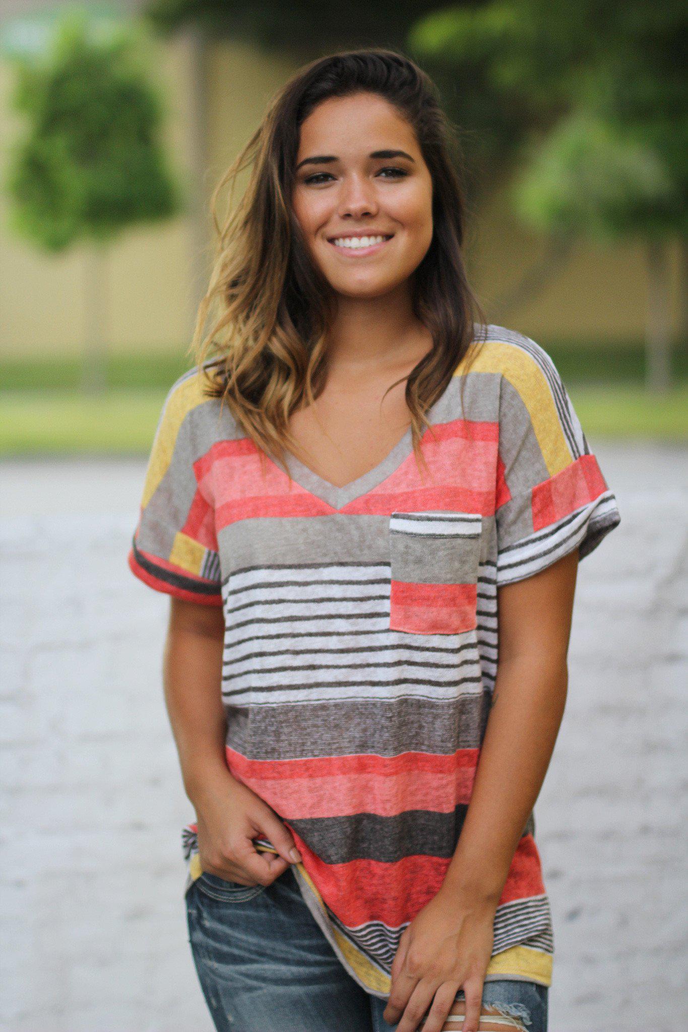 Stylish Women's Coral And Yellow Short Sleeve V-Neck Top With A Charming Front Pocket