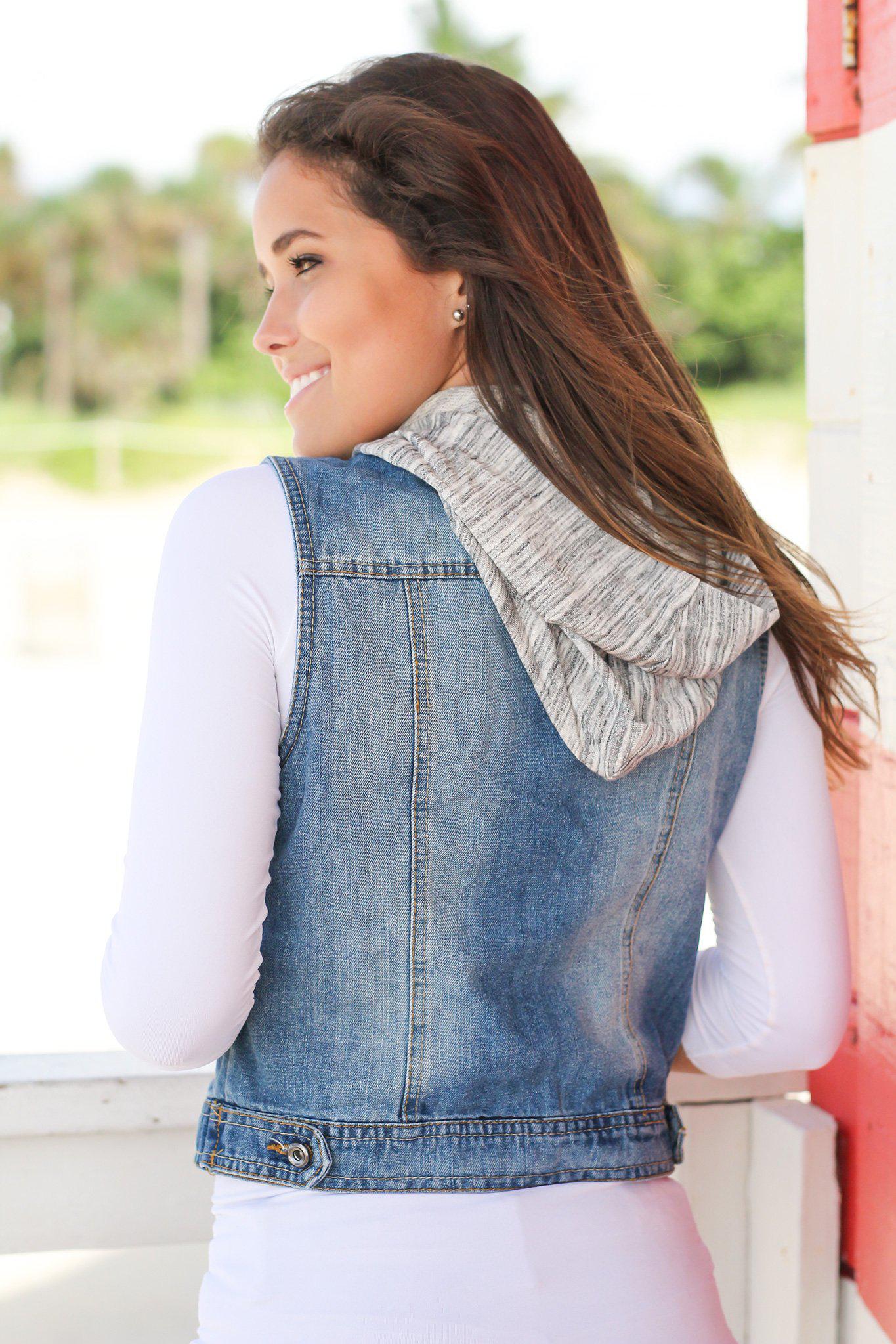 Stylish Medium Wash Denim Vest with Detachable Gray Hood for Layering