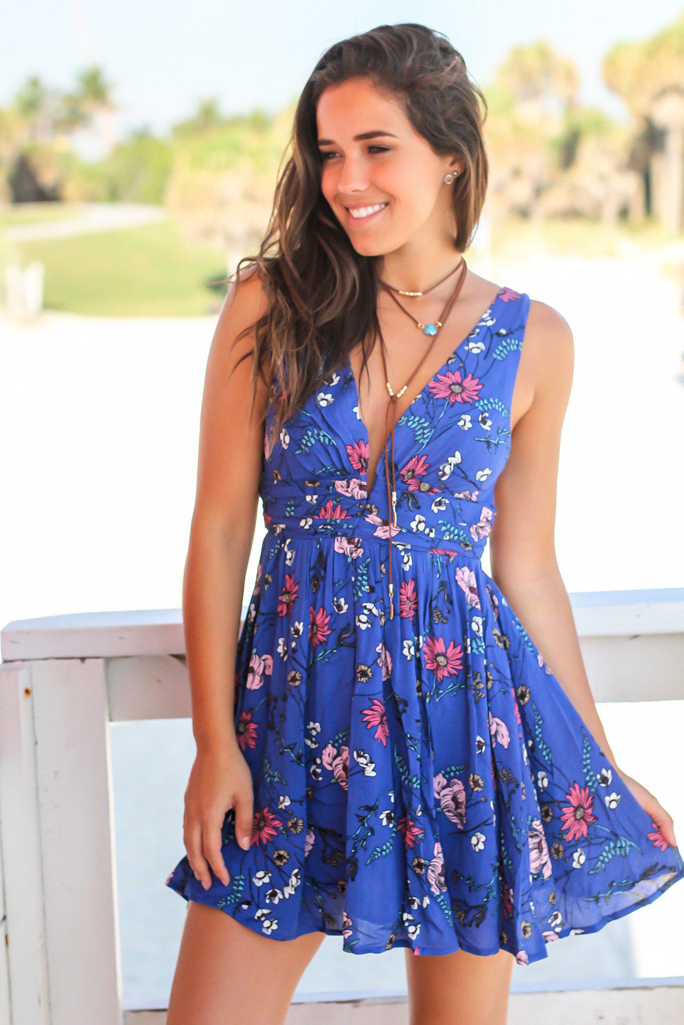 Adorable Short Dusty Blue Floral Dress with Crochet Back Detail