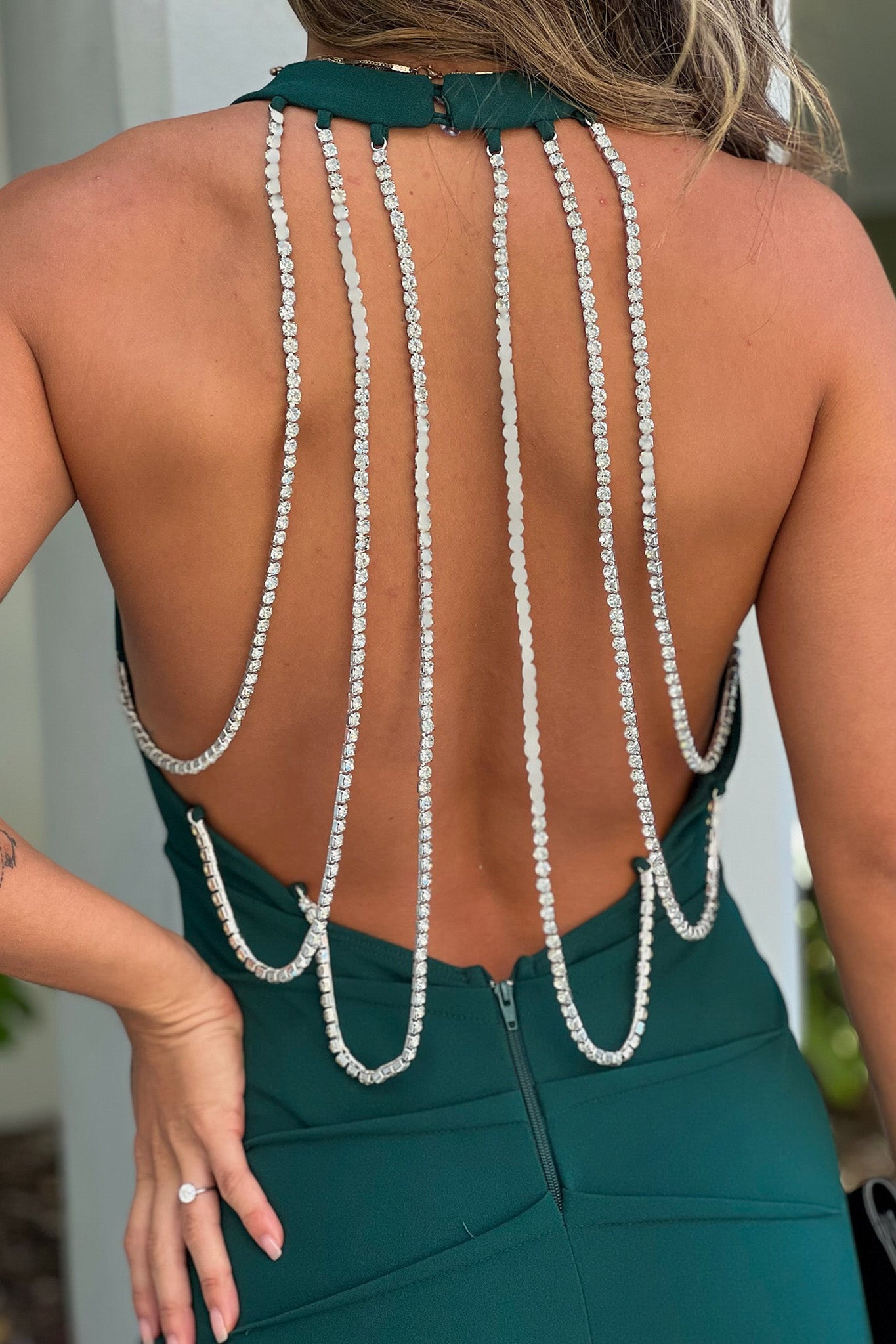 Exquisite Hunter Green Formal Maxi Dress Featuring Rhinestone Multi - Straps at the Back