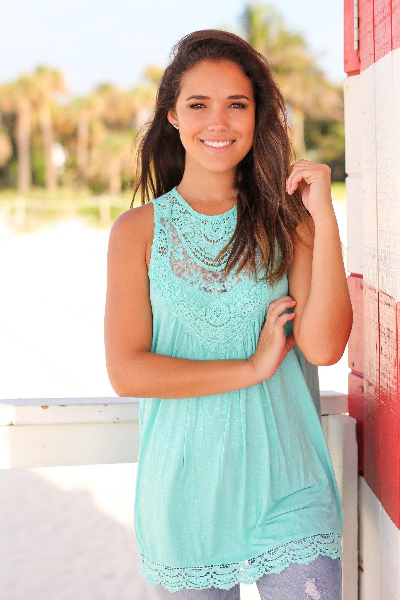 Stylish Mint Colored Crochet Women's Tunic Top