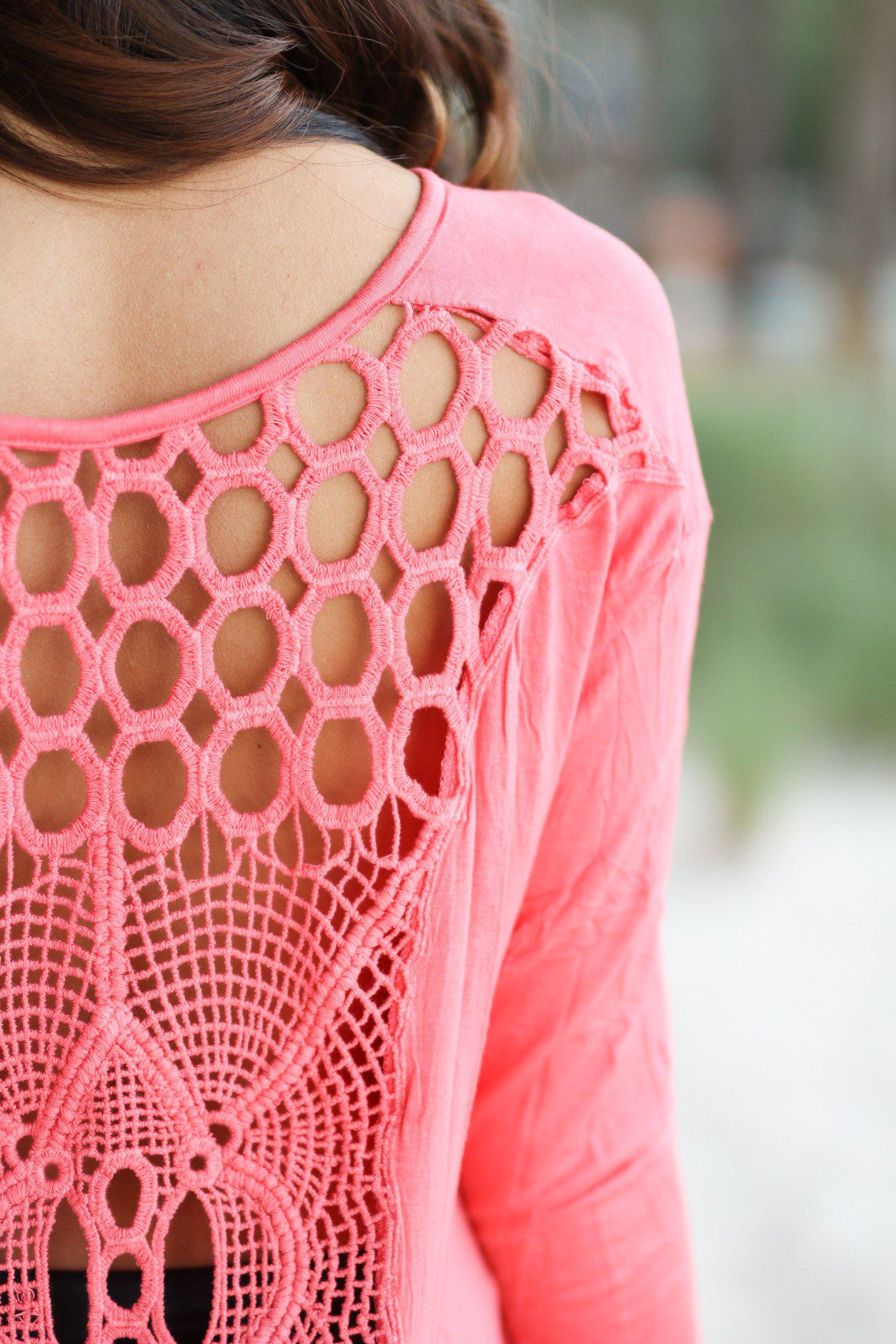 Stylish Coral Colored High-Low Crochet Back Women's Top