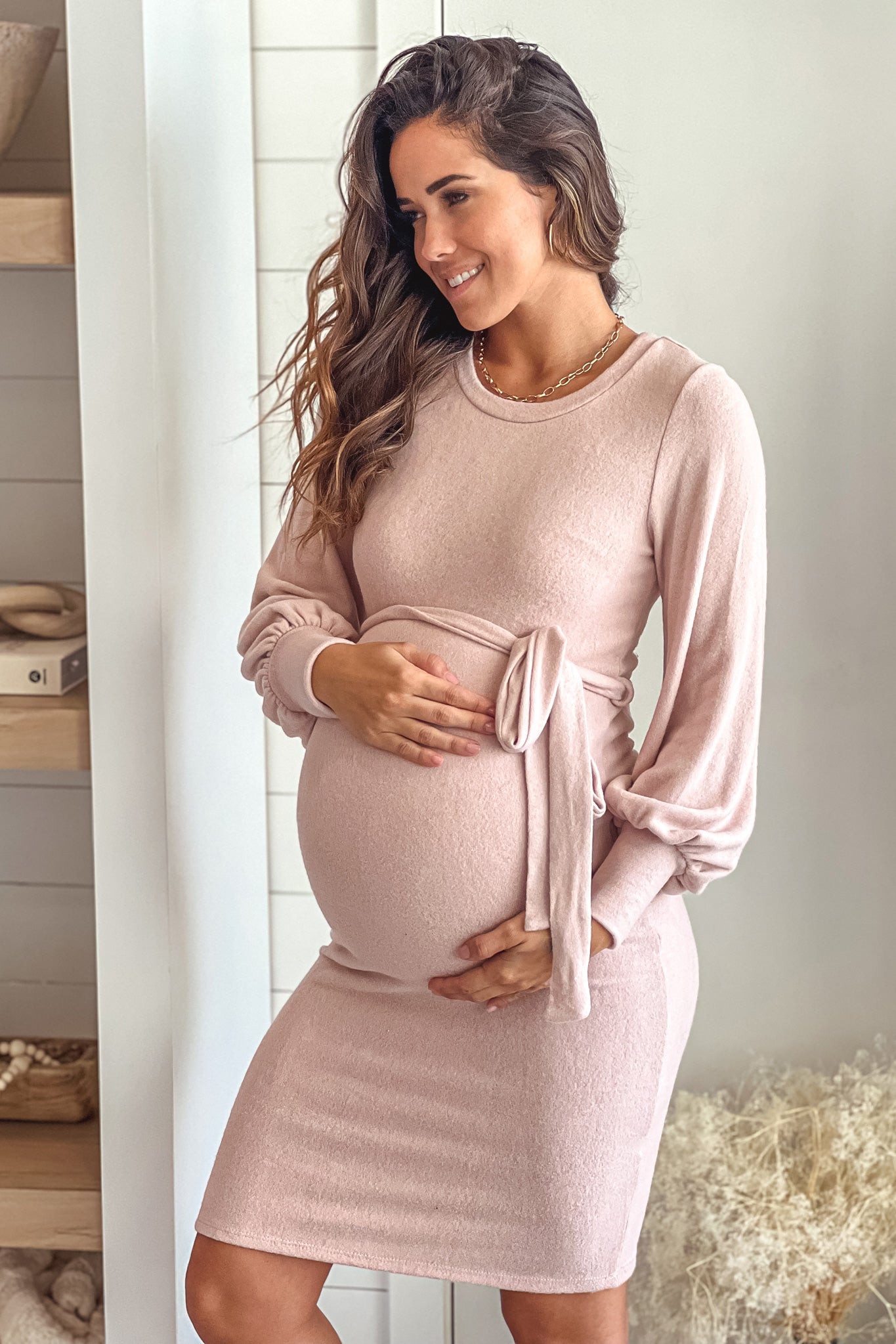 Blush-colored Maternity Sweater Dress with Long Sleeves and a Stylish Belt