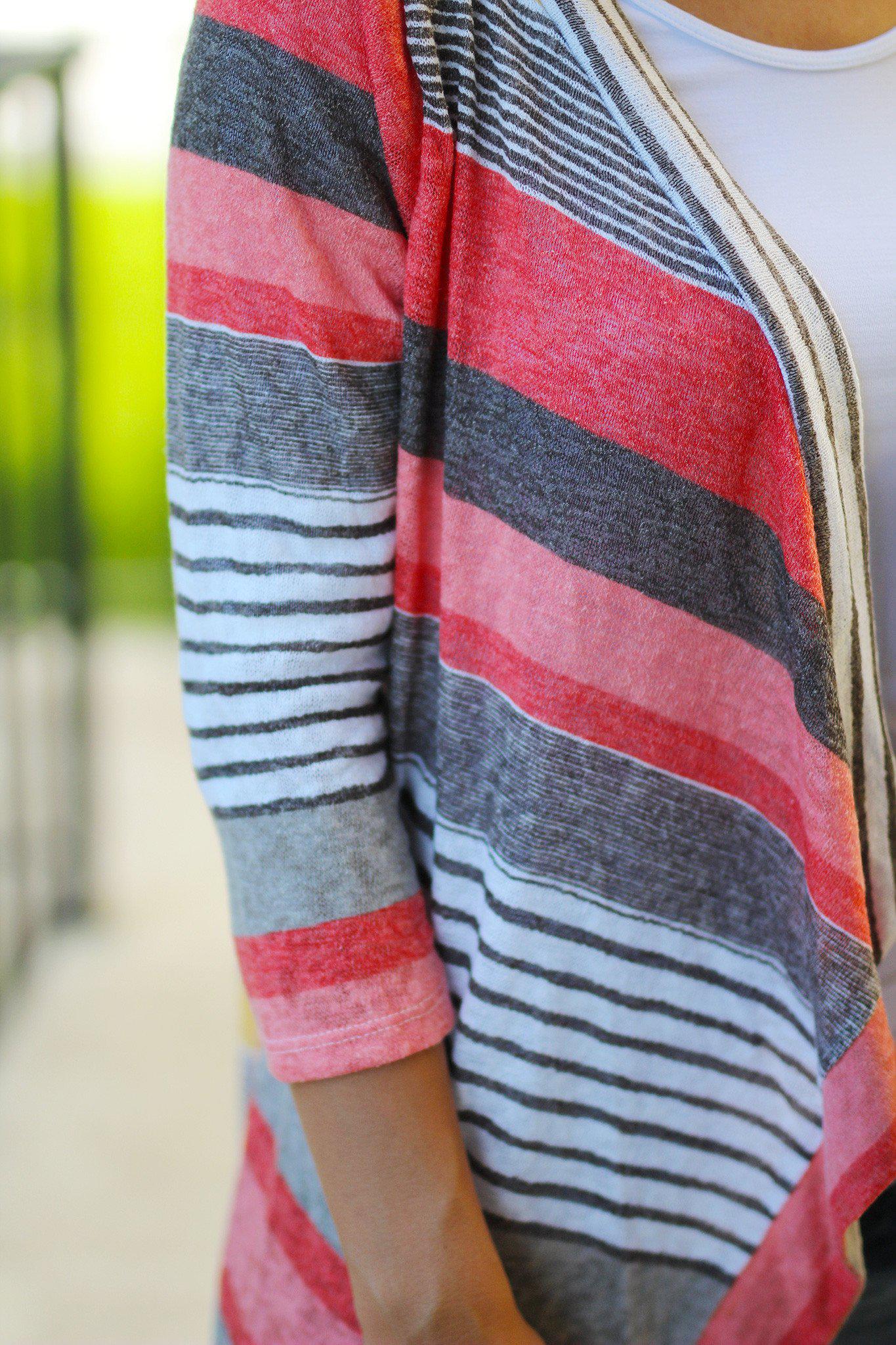Stylish Striped Coral and Yellow Women's Cardigan