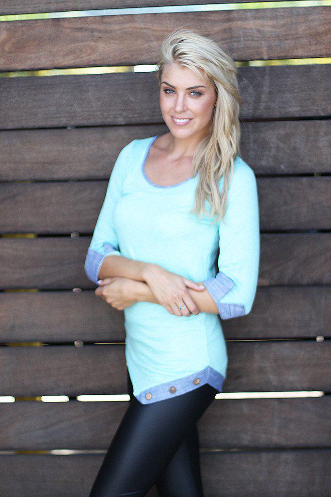Stylish Mint-Colored Asymmetrical Women's Casual Top with Wooden Buttons and Three - Quarter Sleeves