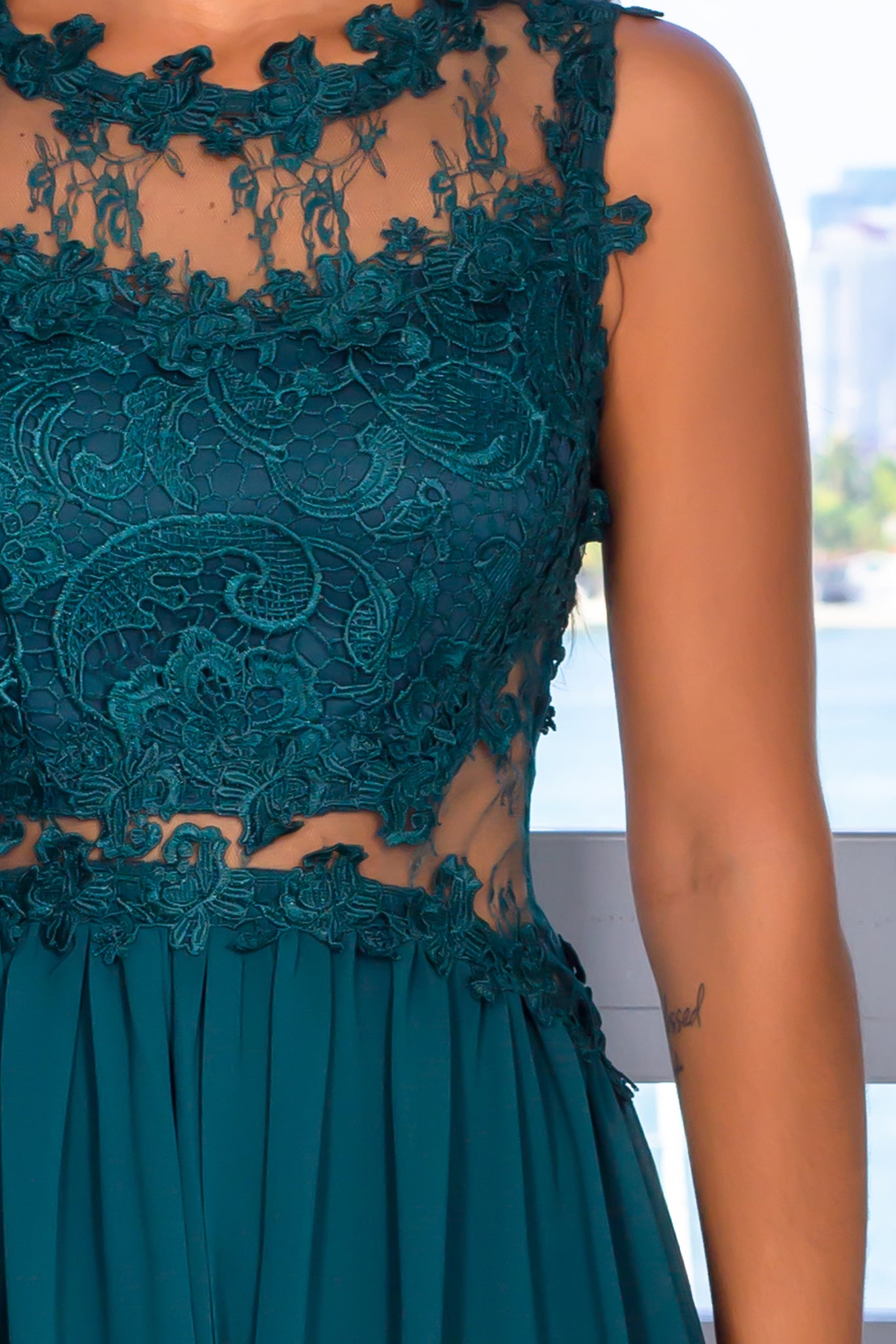Stunning Hunter Green Maxi Dress with Lace Top and Sheer Back