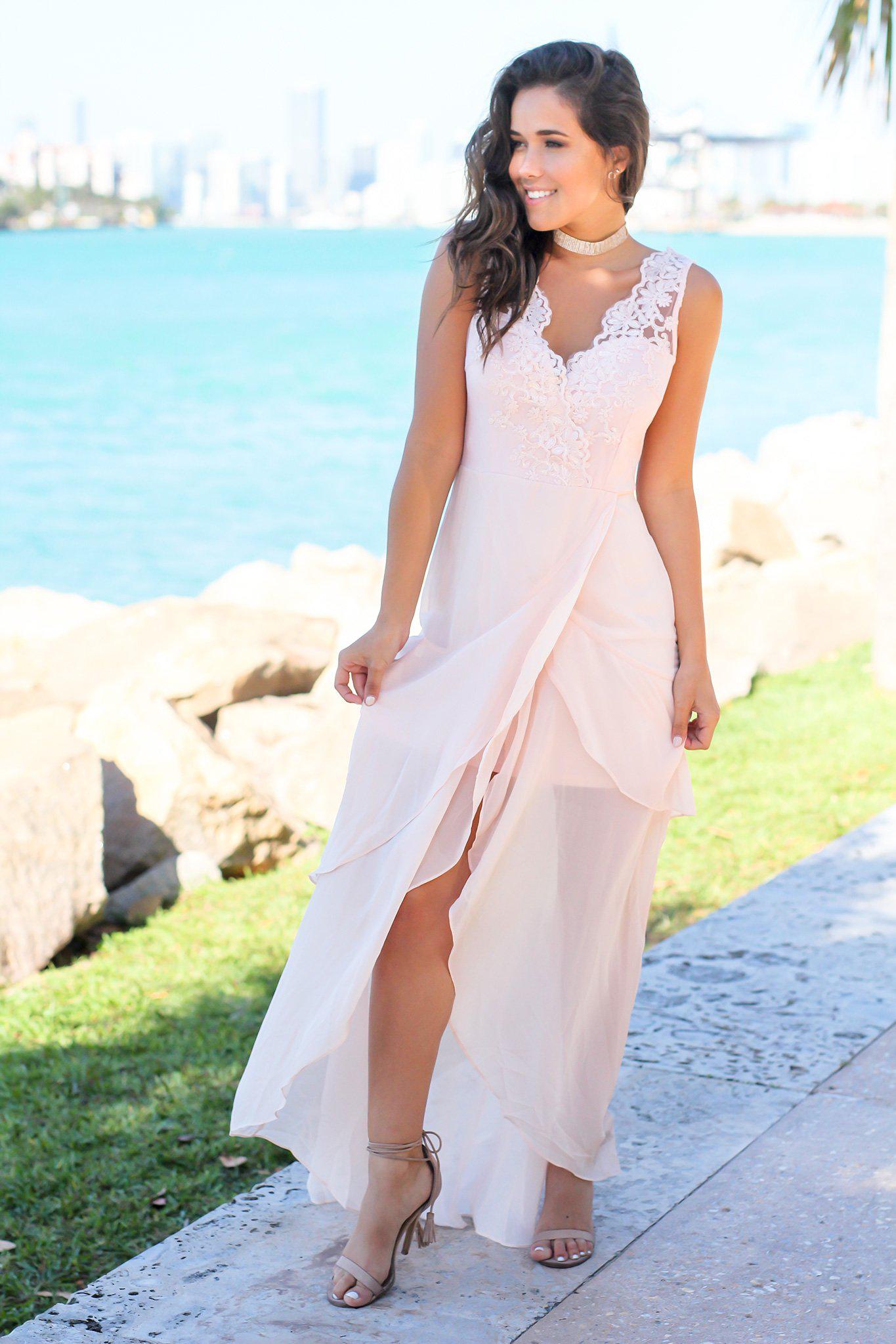 Stunning Blush-Colored Maxi Dress Featuring an Embroidered Upper Part