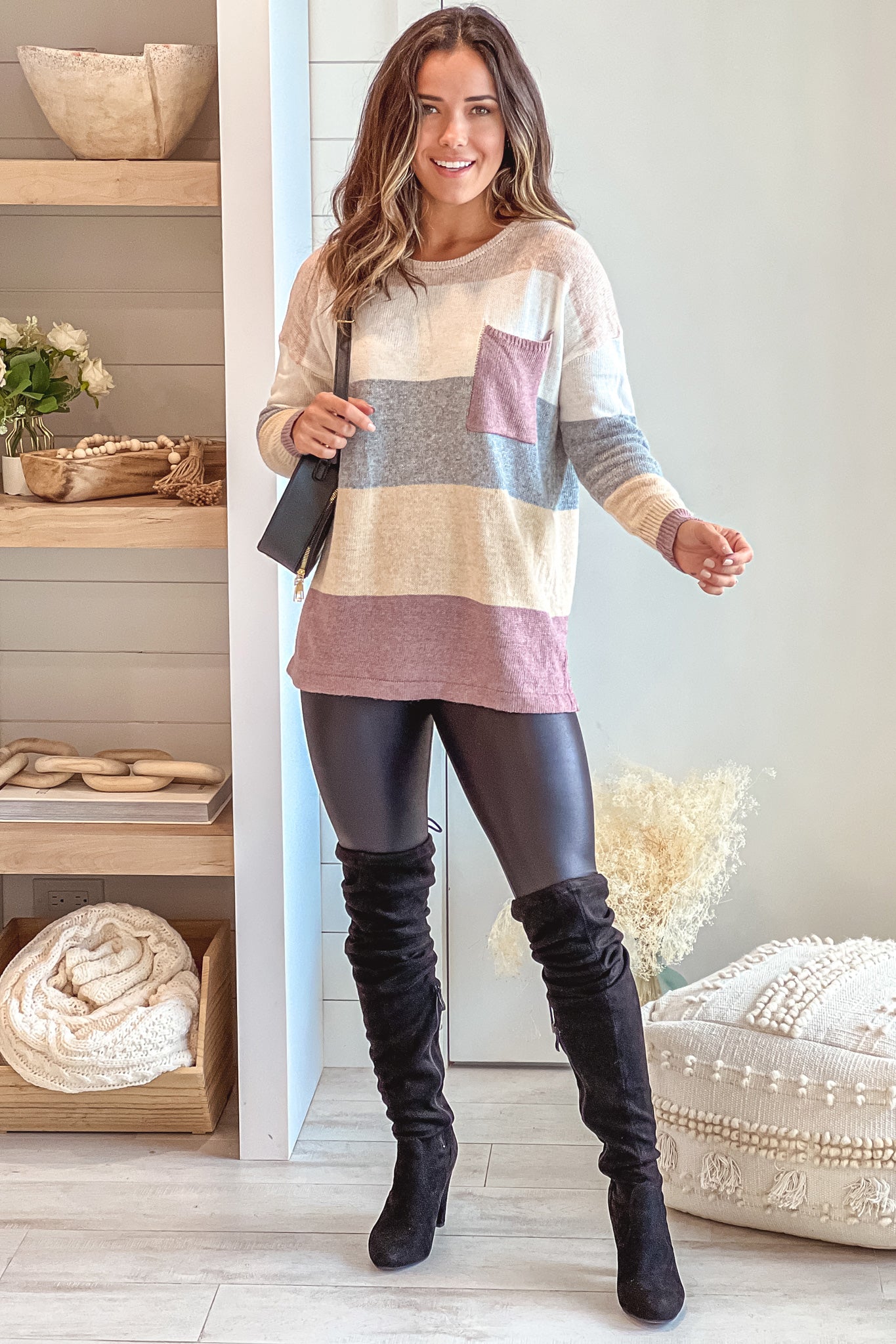 Soft and Stylish Multi - Color Block Knit Sweater with Front Pocket