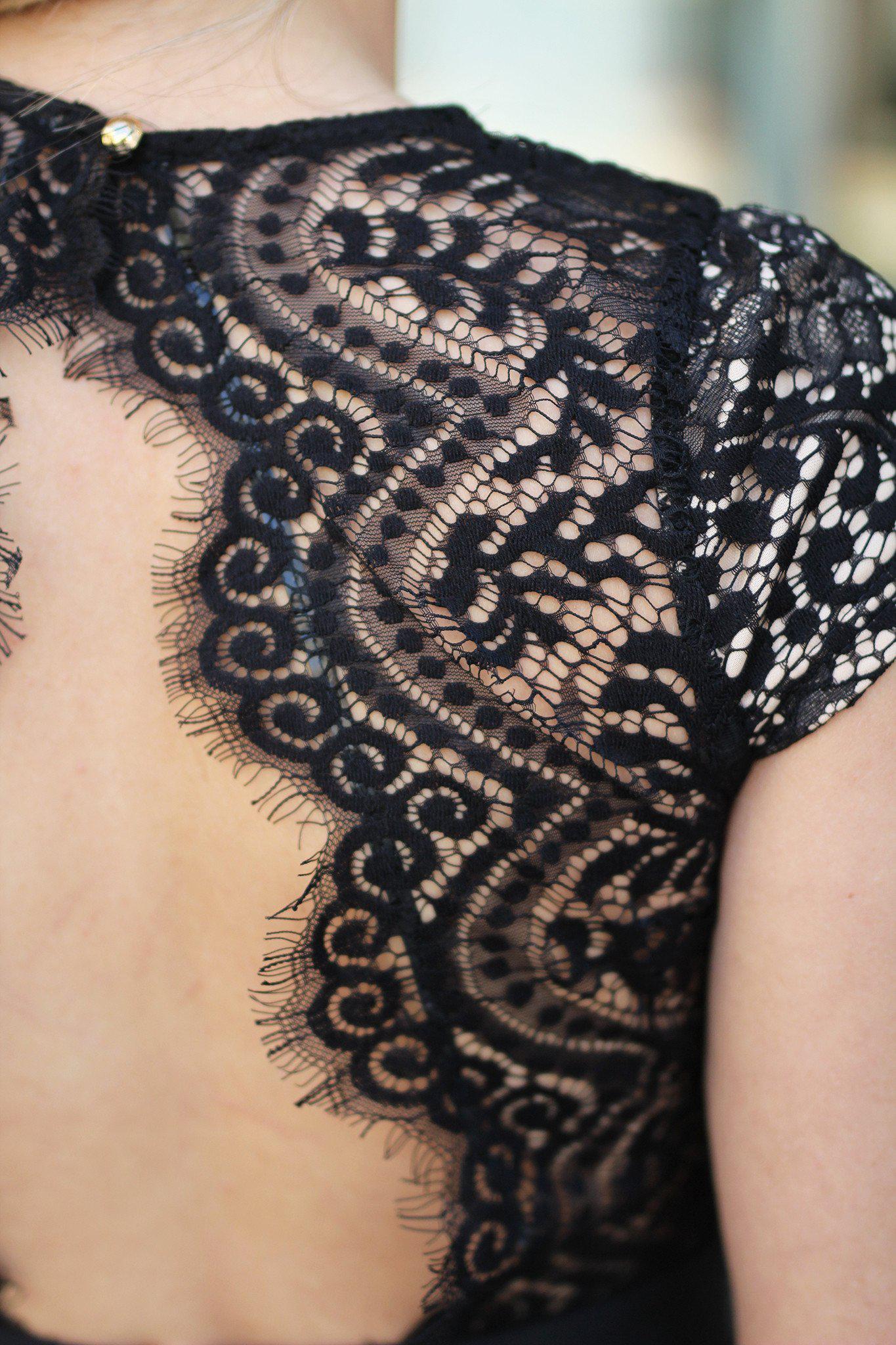 Stunning Black Lace Skater Dress with Open Back Detail