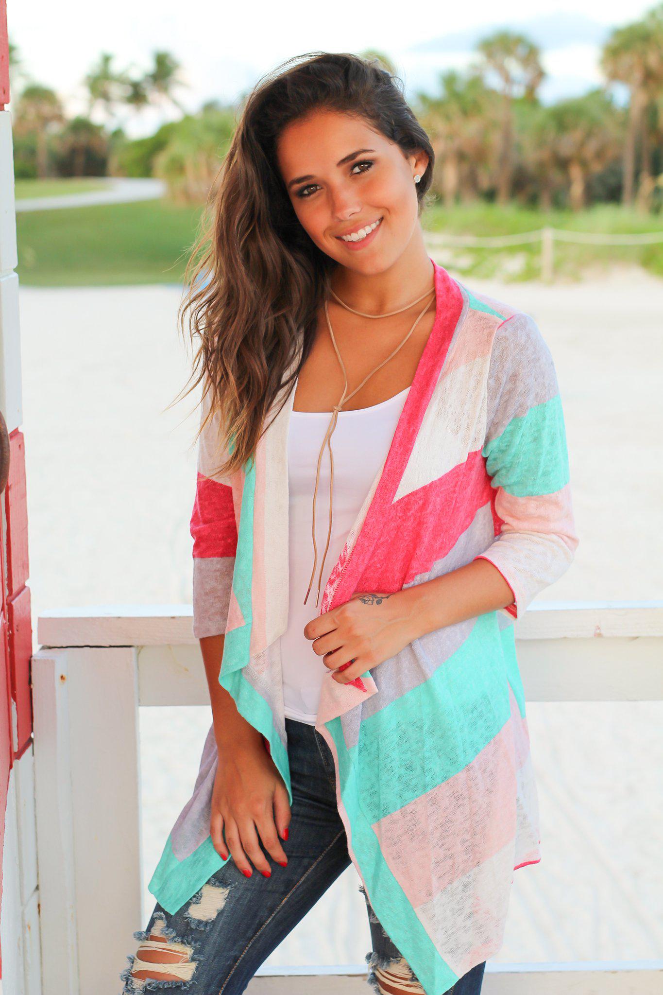 Stylish Mint and Coral Striped Open Cardigan for Adorable Look