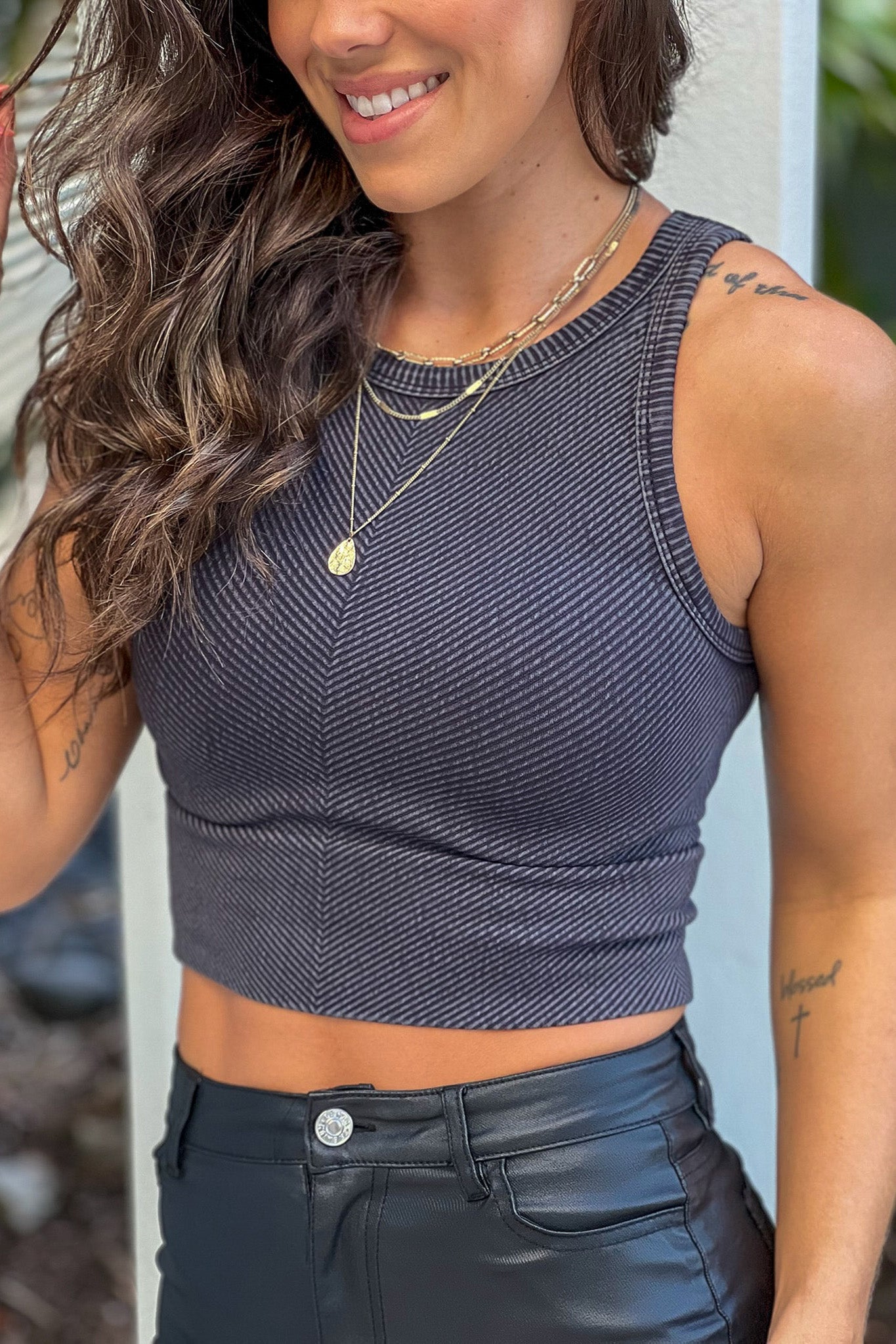 Adorable Washed Black Ribbed High Neck Sleeveless Crop Top