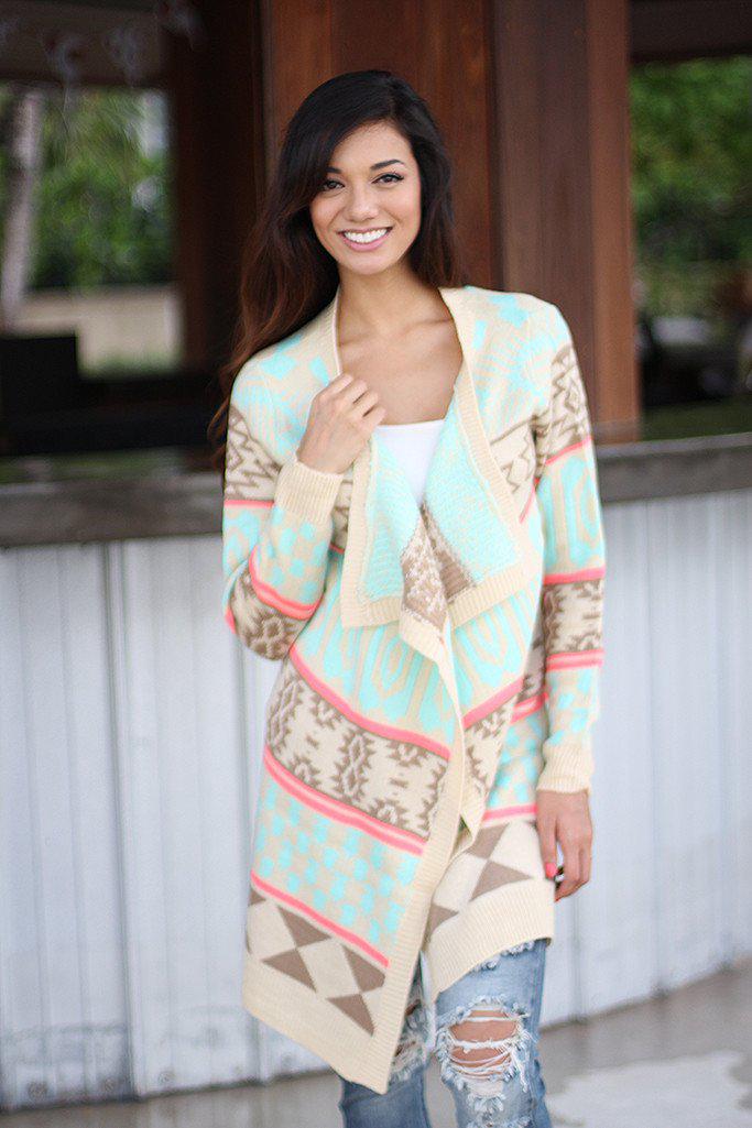 Stylish Cream and Neon Pink Long Knitted Cardigan for Winter