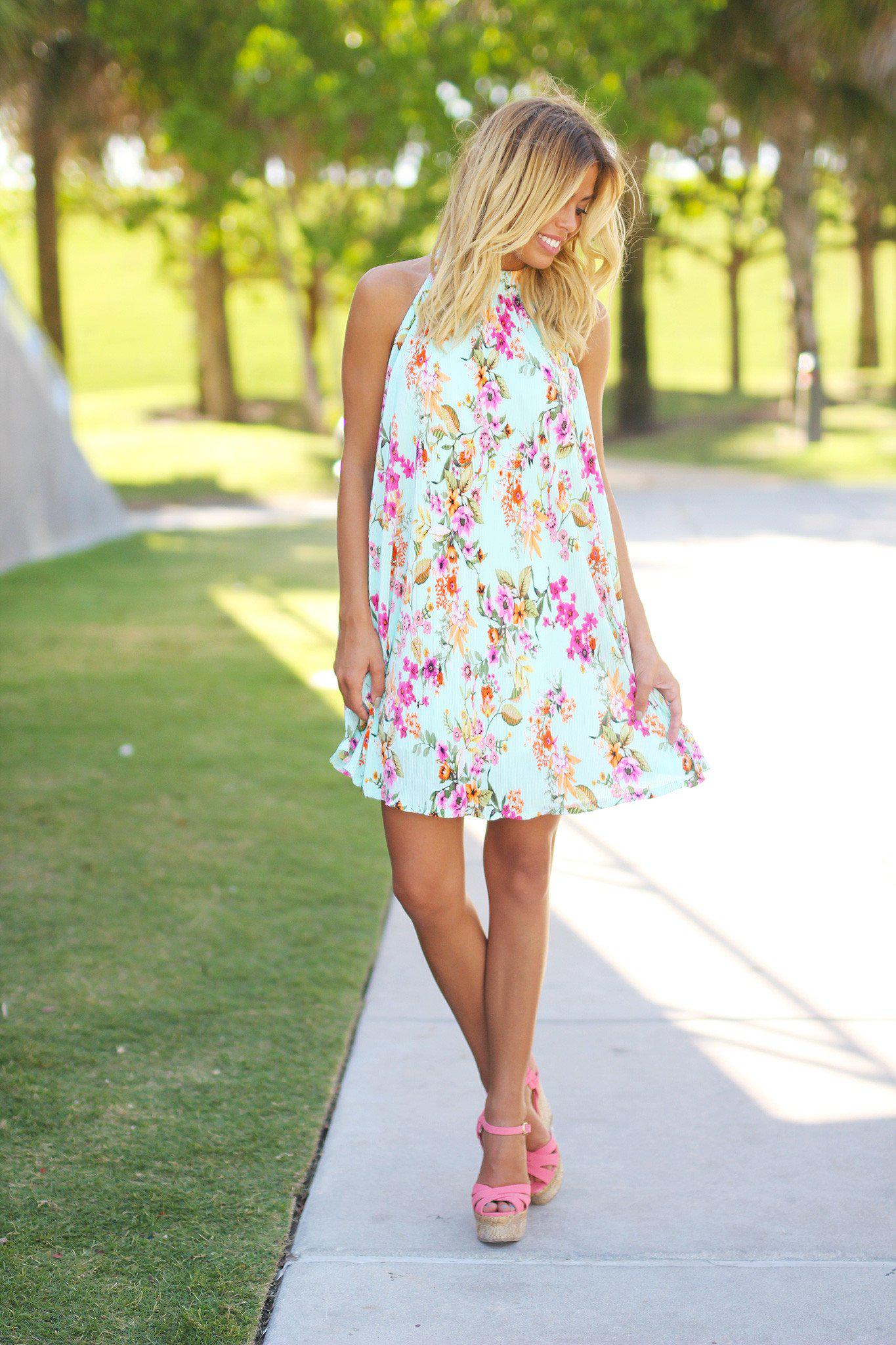 Stylish Mint Floral Loose-Fit Pleated Short Dress