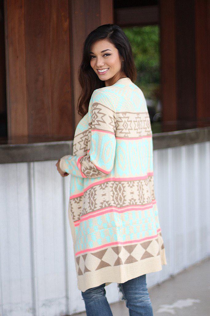 Stylish Cream and Neon Pink Long Knitted Cardigan for Winter