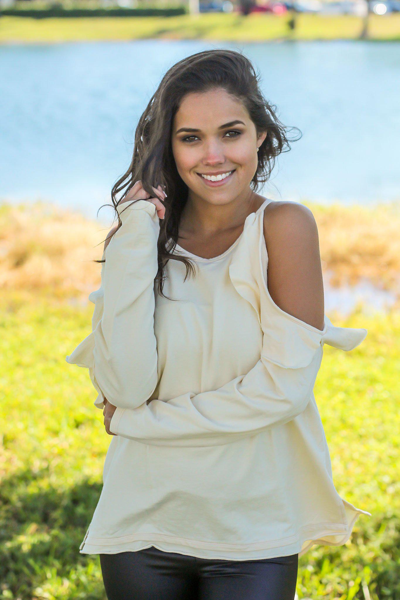 Cream Long Sleeve Cold Shoulder Top with Stylish Ruffle Detail