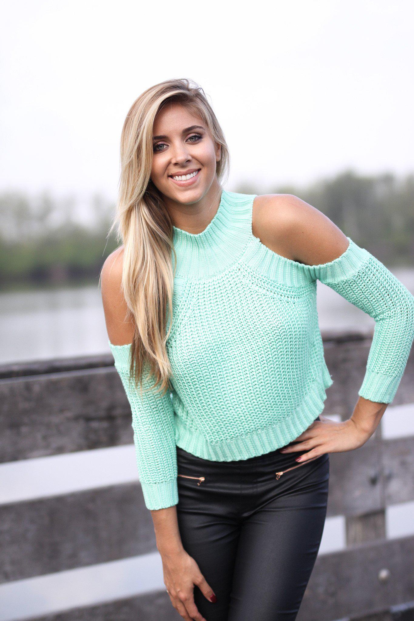Stunning Mint Knitted Cropped Cold - Shoulder Long - Sleeve Sweater