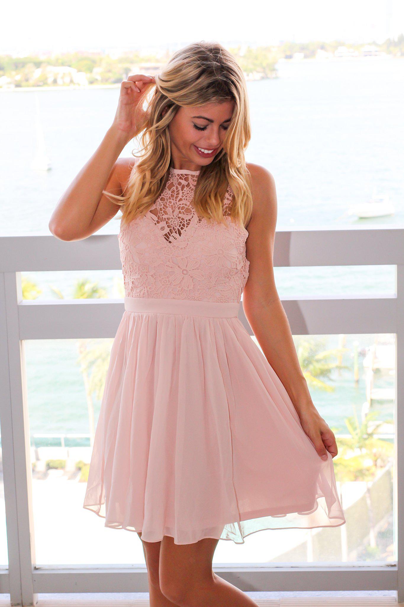 Gorgeous Blush-colored Crochet Short Cocktail Dress with an Open Back Design