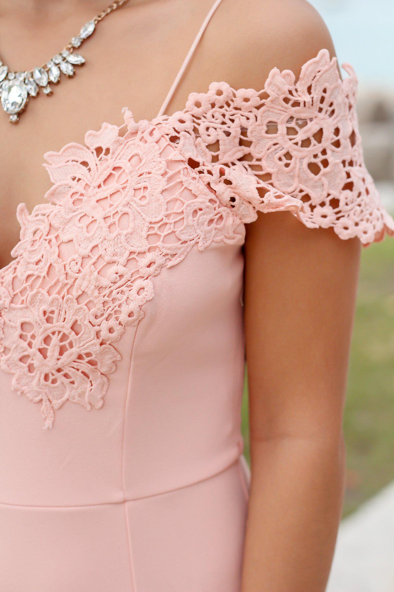Stunning Blush Crochet-Trimmed Off Shoulder Maxi Dress