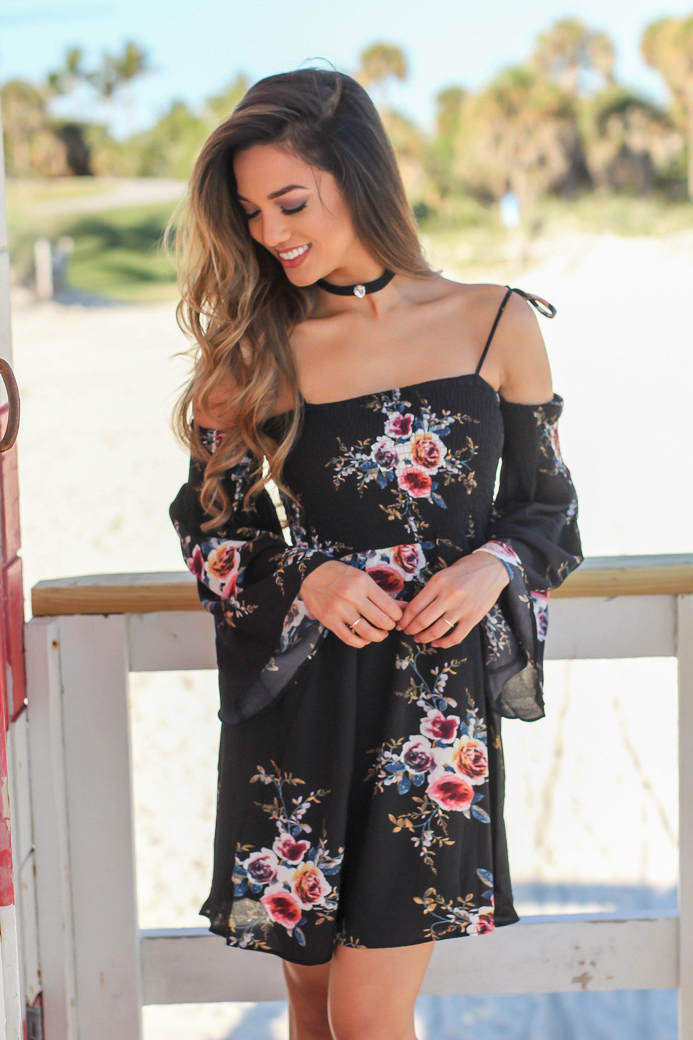 Stylish Black Floral Open-Shoulder Short Dress with Long Bell Sleeves