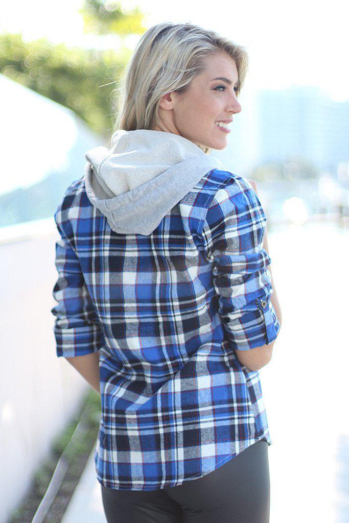 Stylish Blue Plaid Cotton Blend Hooded Women's Top